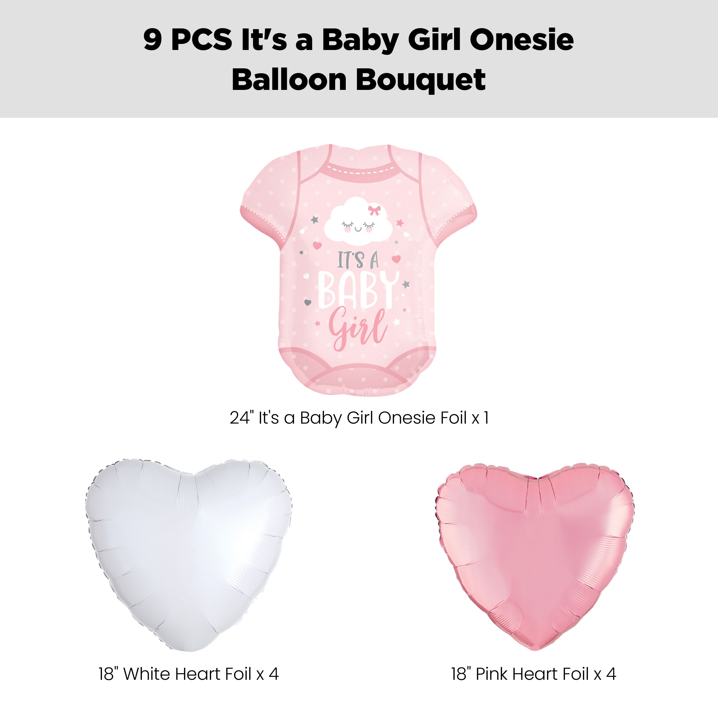 It’s a Baby Girl. Onesie Supershape Balloon Bouquet with Heart Foil Balloons, Pink/White, 9-pk, Helium Inflation & Ribbon Included for Baby Shower Front_Flat