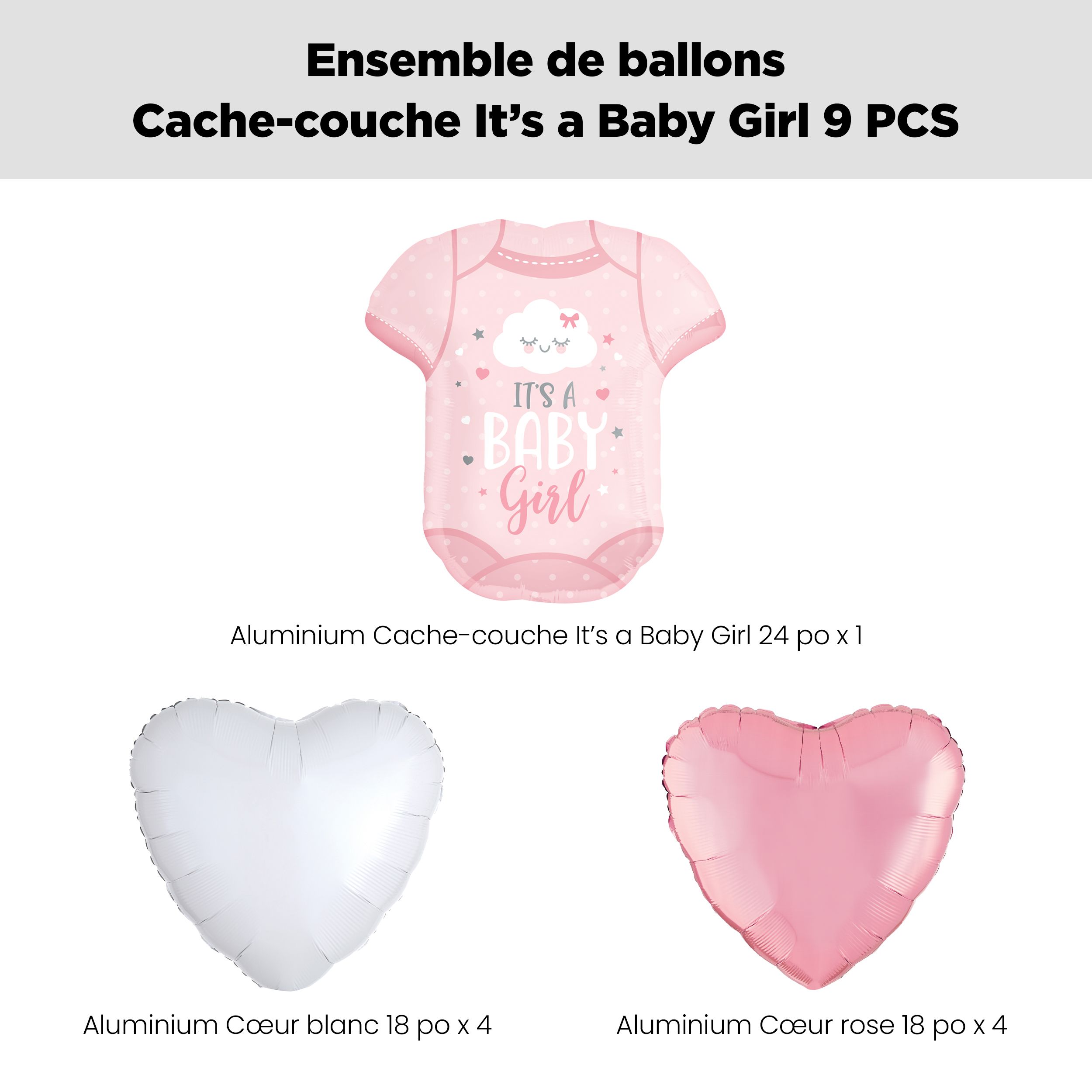 Bouquet de ballons forme super It's a Baby Girl Onesie avec ballons en aluminium en forme coeur roses et blancs, paq. 9, gonflage à l'hélium et ruban inclus pour fête prénatale Front_Flat