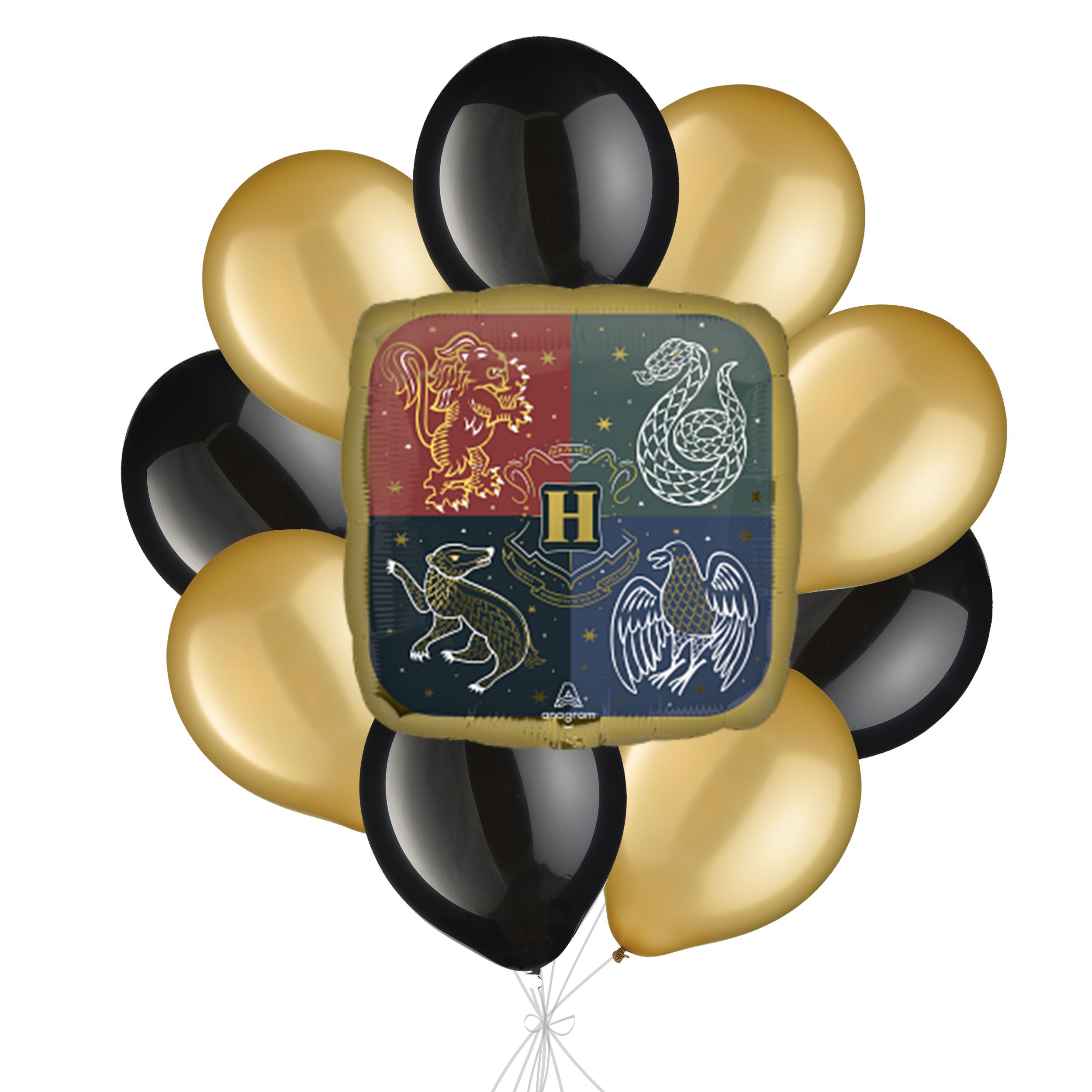 Bouquet de ballon Harry Potter, écusson de Poudlard avec ballons en latex verts et noirs, 10 pièces, gonflement à l’hélium et ruban inclus, pour fête d’anniversaire d’enfant Front_Flat