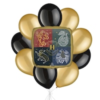 Harry Potter Hogwarts Crest Balloon Bouquet with Latex Balloons, Gold/Black, 10-pk, Helium Inflation & Ribbon Included for Kids¿ Birthday