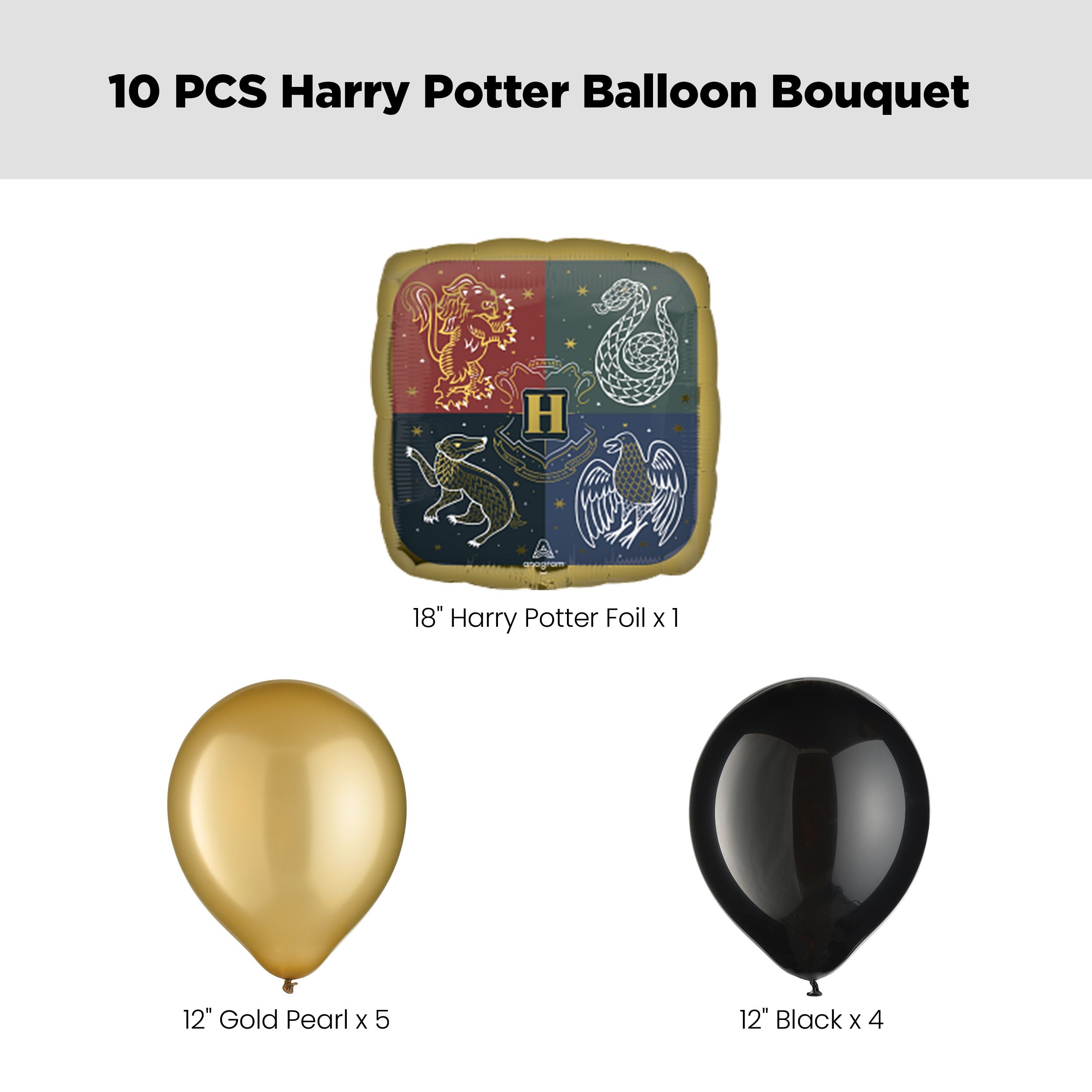 Harry Potter Hogwarts Crest Balloon Bouquet with Latex Balloons, Gold/Black, 10-pk, Helium Inflation & Ribbon Included for Kids’ Birthday Front_Flat