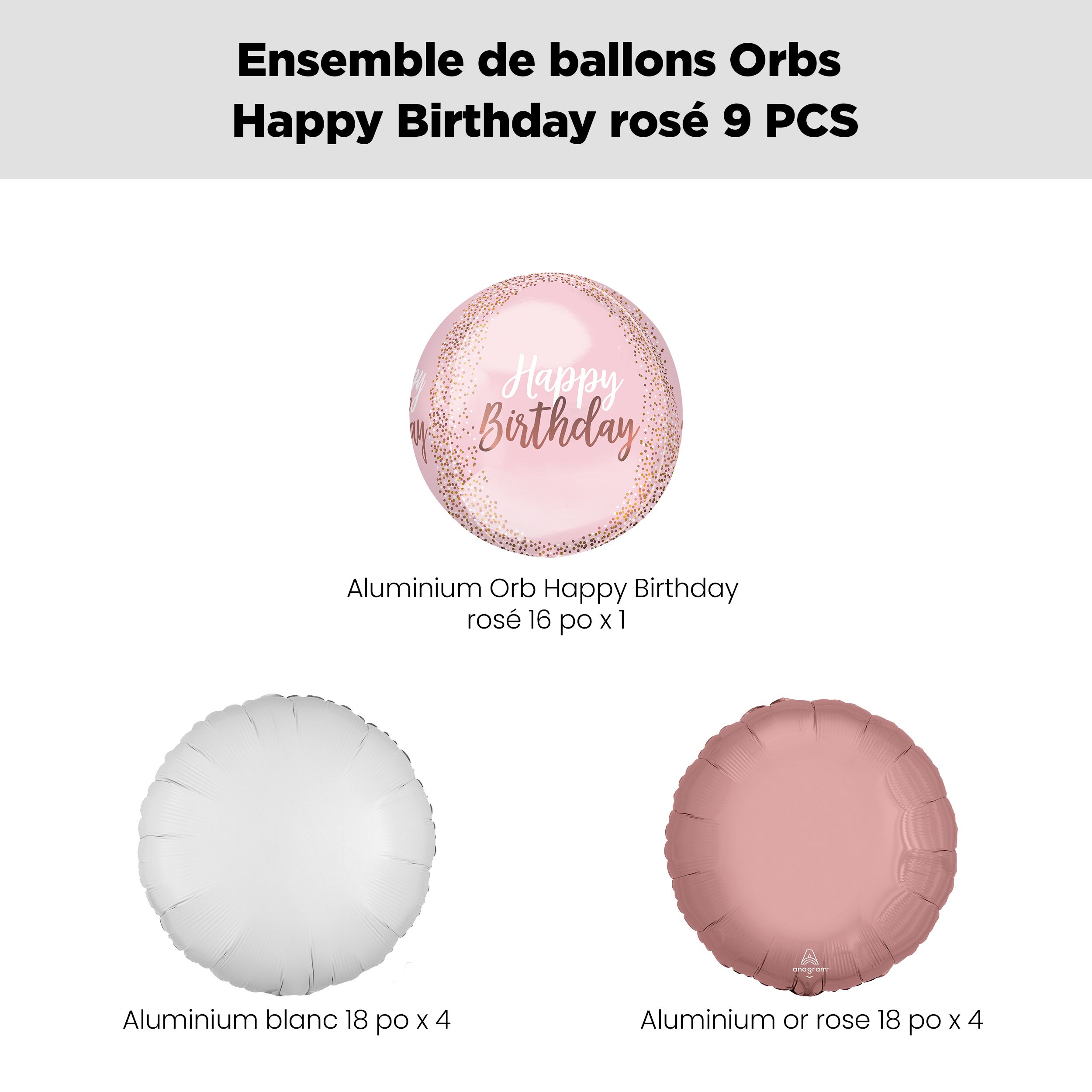 Bouquet de ballon Orbz rose tendre Happy Birthday avec ballons en aluminium ronds roses et blancs, 9 pièces, gonflage à l'hélium et ruban inclus Front_Flat