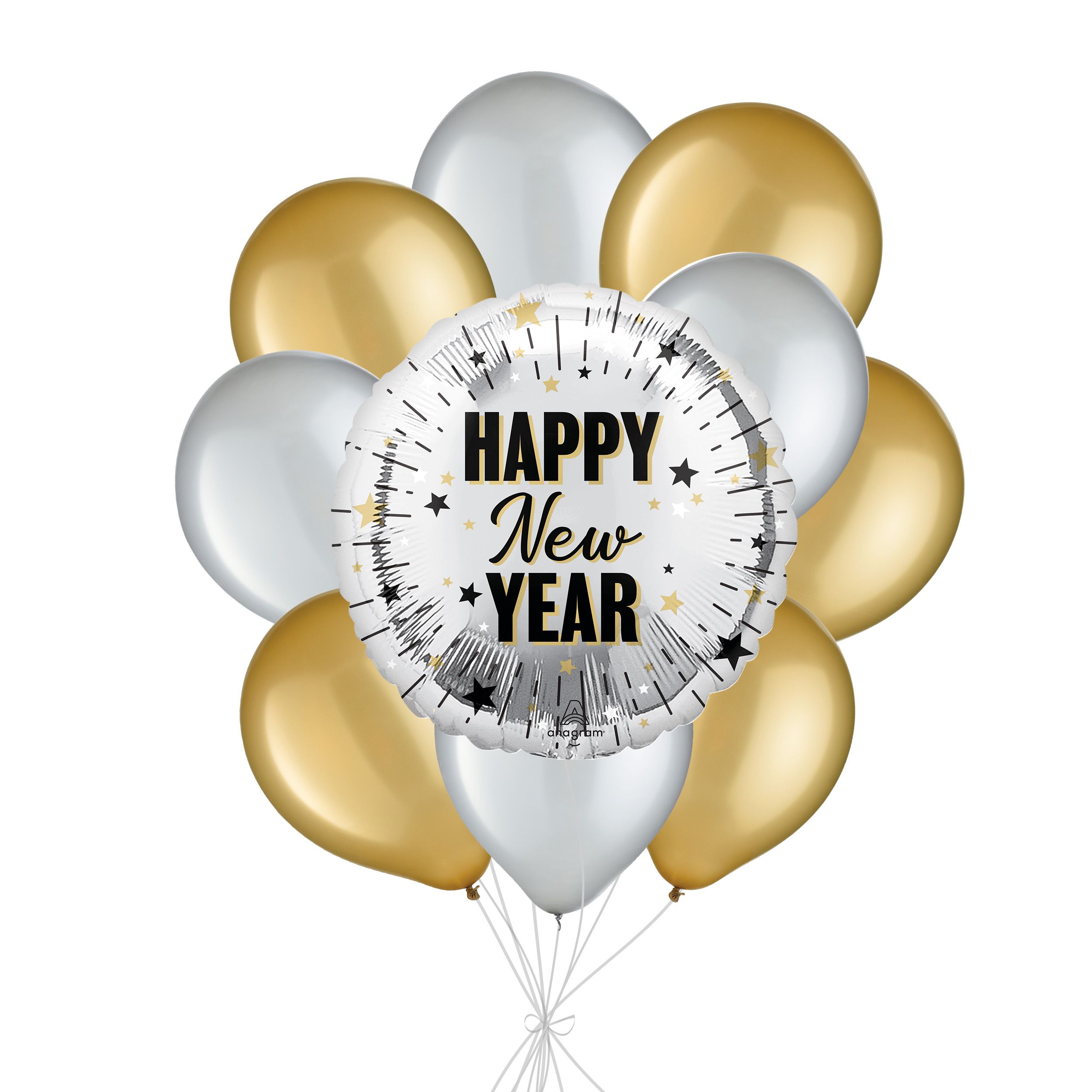 Bouquet de ballons ronds métalliques satinés Happy New Year avec ballons nacrés en latex, doré/argenté, paq. 10, gonflage à l’hélium et ruban inclus, pour veille du jour de l’An Front_Flat