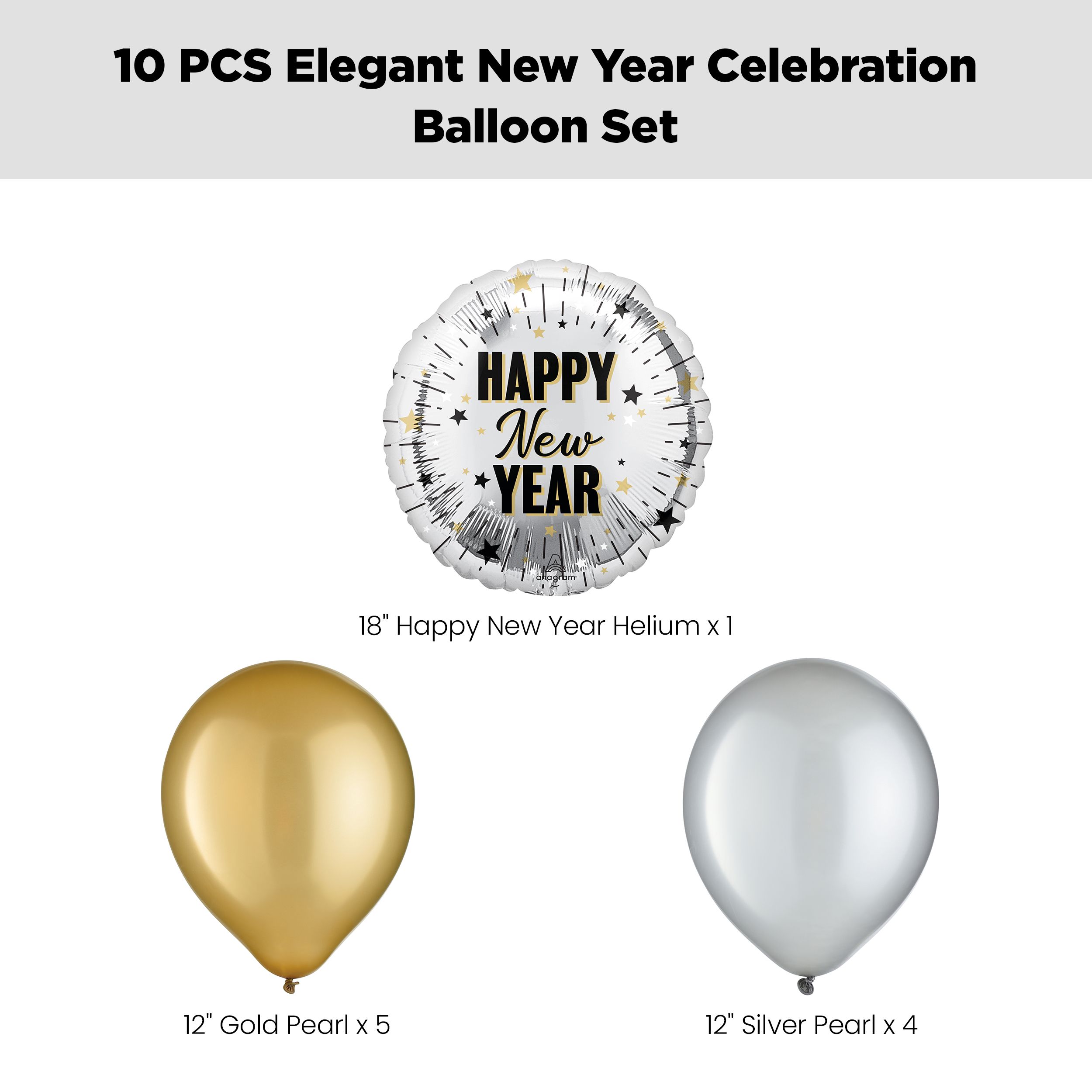 "Happy New Year" Round Satin Foil Balloon Bouquet with Pearl Latex Balloons, Gold/Silver, 10-pk, Helium Inflation & Ribbon Included for New Year's Eve Front_Flat