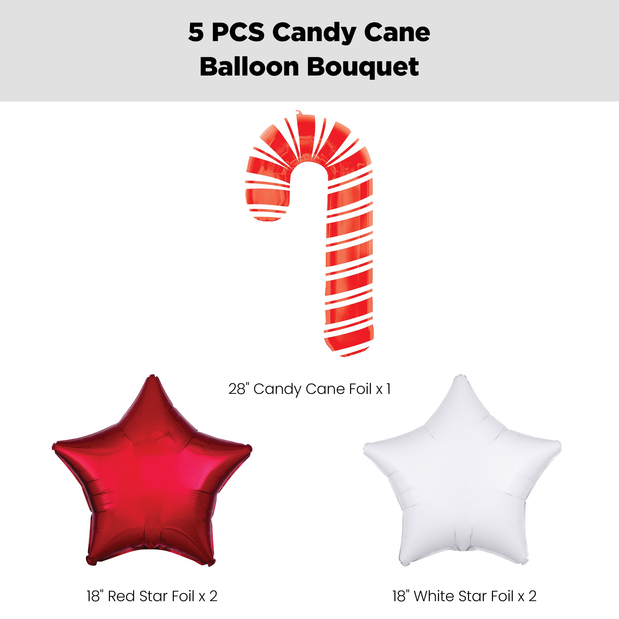 Candy Cane Supershape Balloon Bouquet with Star Foil Balloons, White/Red, 5-pk, Helium Inflation & Ribbon Included for Christmas/Winter Party Front_Flat