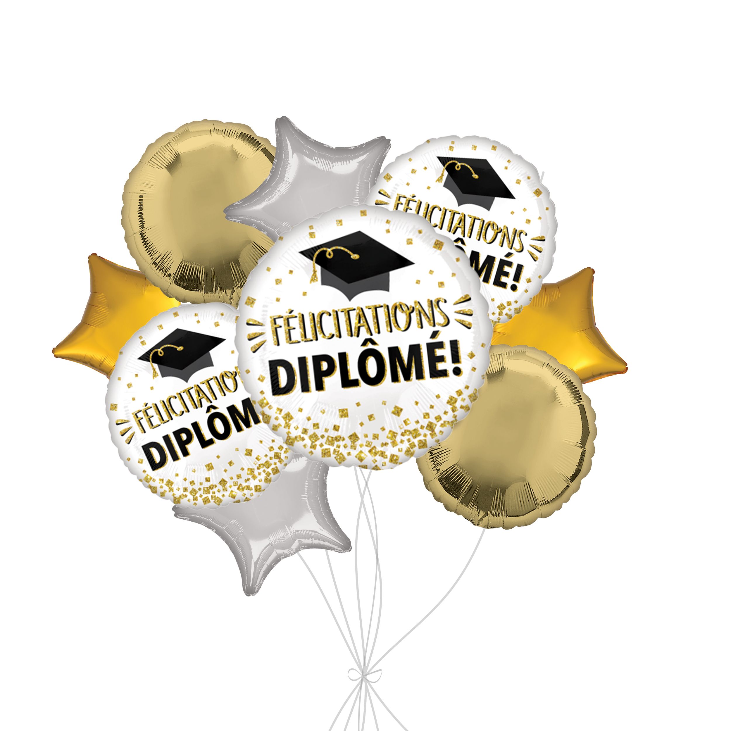 Bouquet de ballons scintillants «&nbsp;Félicitations Diplôme!&nbsp;» «&nbsp;Congrats Grad!&nbsp;», paillettes dorées avec ballons étoiles en aluminium dorés et argentés, paq. 9, gonflage à l’hélium et ruban inclus Front_Flat