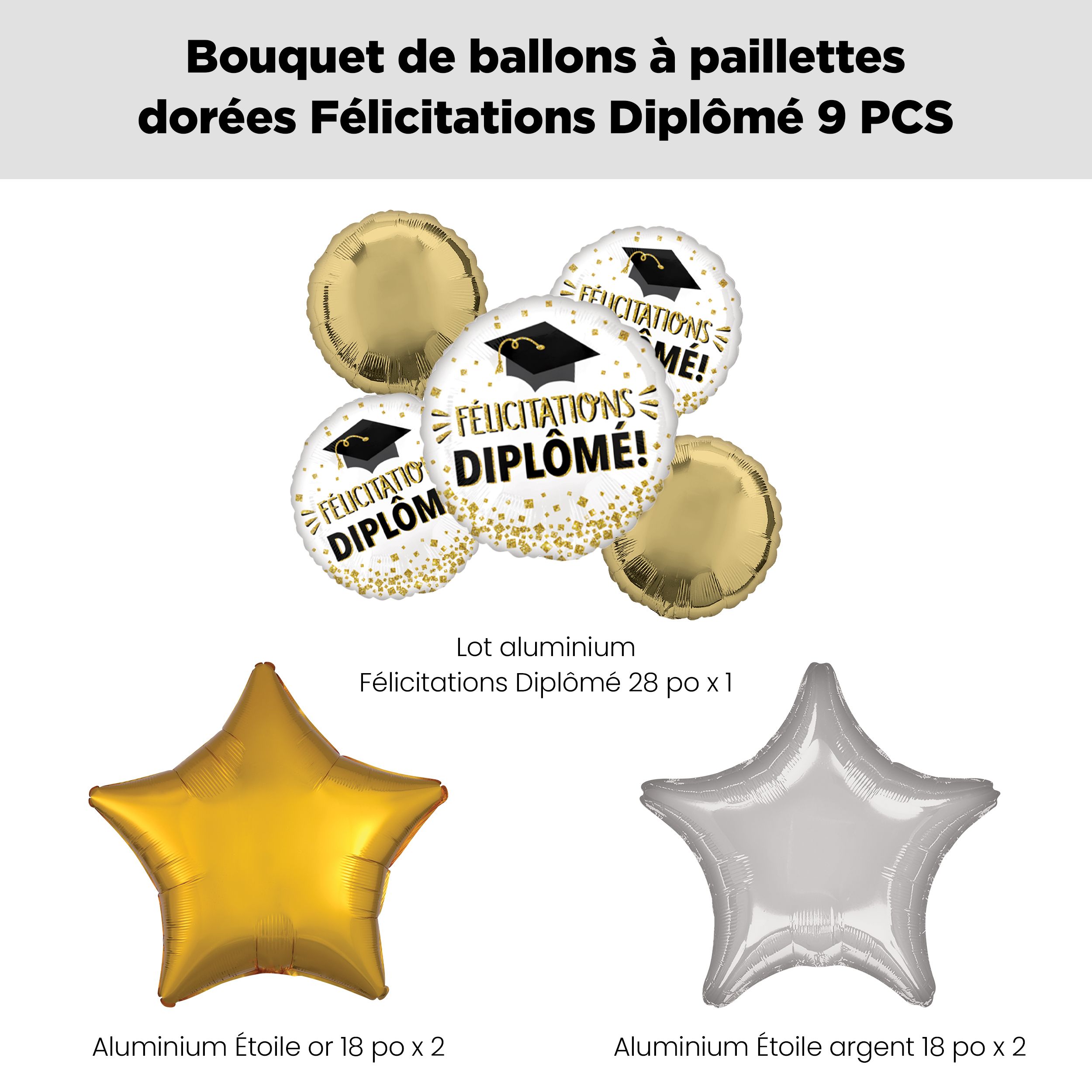 Bouquet de ballons scintillants «&nbsp;Félicitations Diplôme!&nbsp;» «&nbsp;Congrats Grad!&nbsp;», paillettes dorées avec ballons étoiles en aluminium dorés et argentés, paq. 9, gonflage à l’hélium et ruban inclus Front_Flat