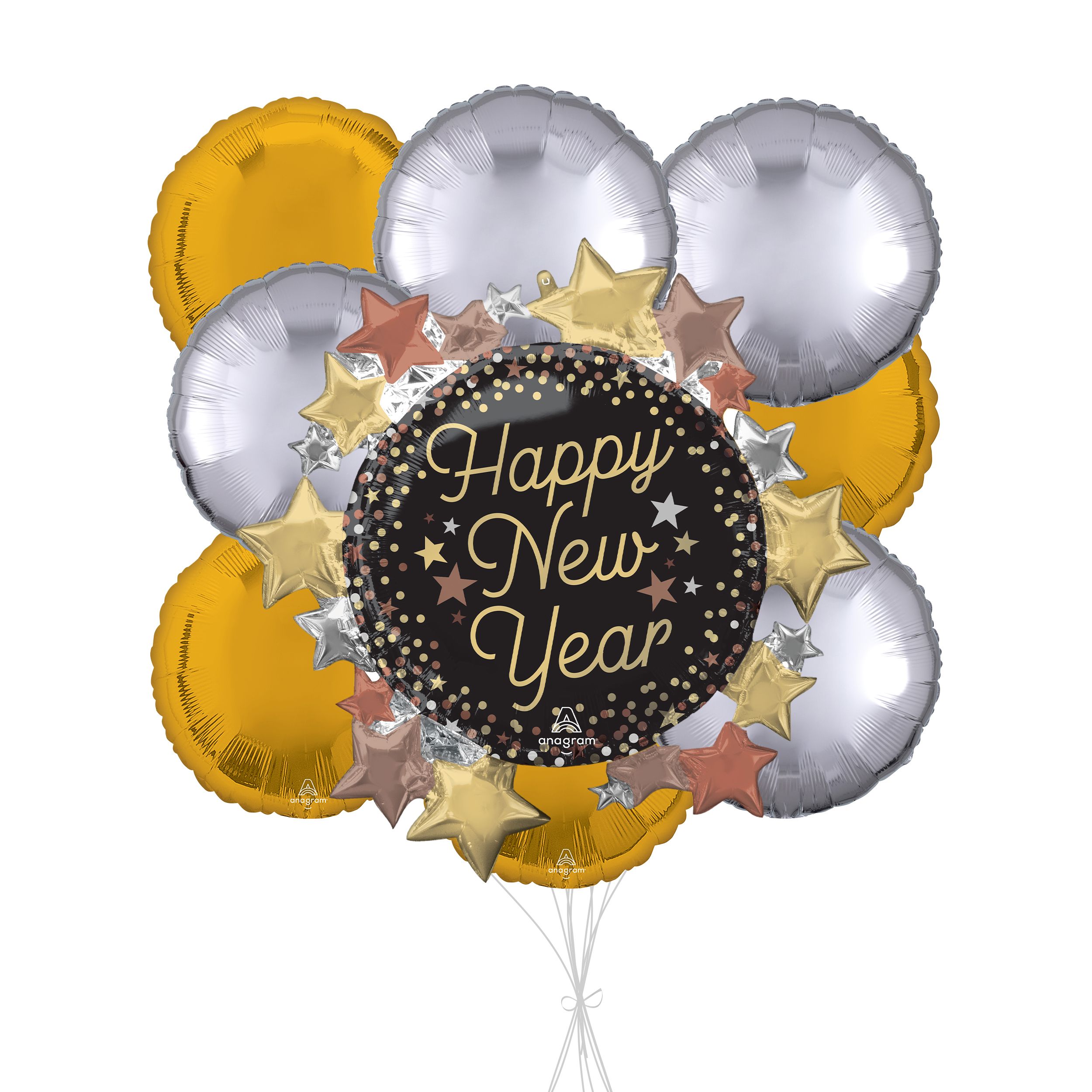 "Happy New Year" Luxe Stars Supershape Balloon Bouquet with Round Foil Balloons, Silver/Gold, 9-pk, Helium Inflation & Ribbon Included Front_Flat