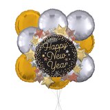 "Happy New Year" Luxe Stars Supershape Balloon Bouquet with Round Foil Balloons, Silver/Gold, 9-pk, Helium Inflation & Ribbon Included Front_Flat