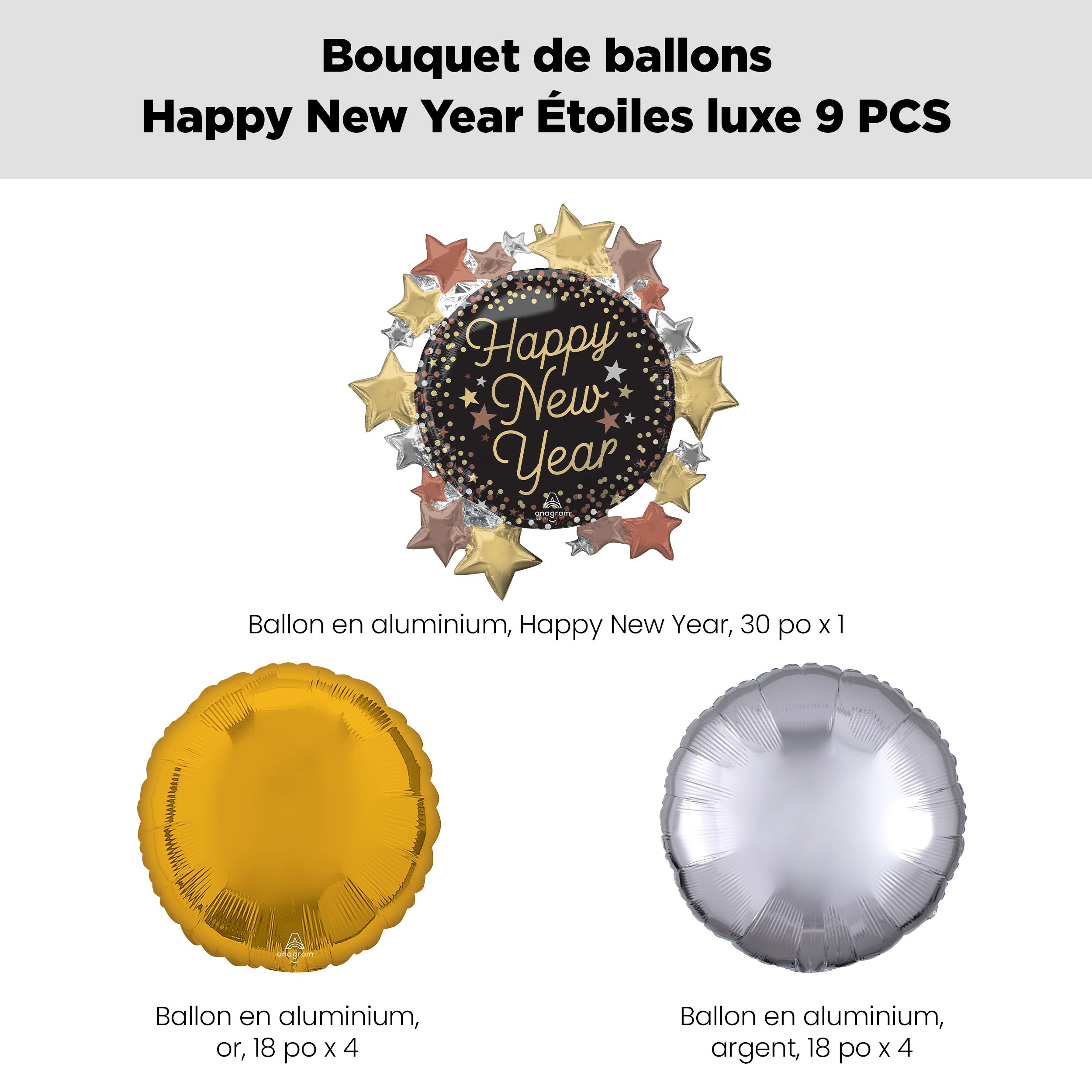 Bouquet de ballon de forme extraordinaire Happy New Year de luxe avec étoiles avec ballons ronds en aluminium, doré/argenté, paq. 9, gonflage à l'hélium et ruban inclus Front_Flat