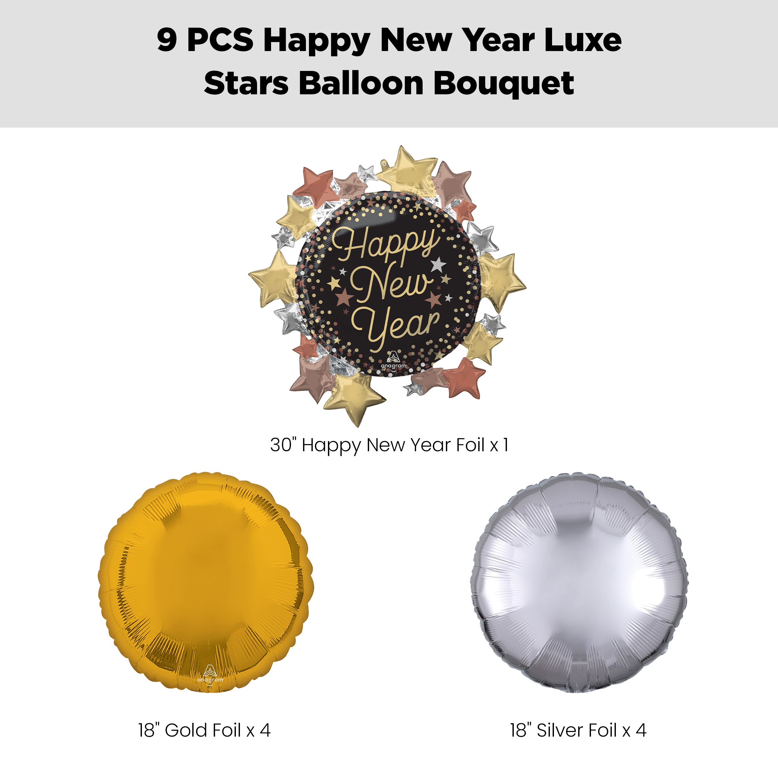 "Happy New Year" Luxe Stars Supershape Balloon Bouquet with Round Foil Balloons, Silver/Gold, 9-pk, Helium Inflation & Ribbon Included Front_Flat