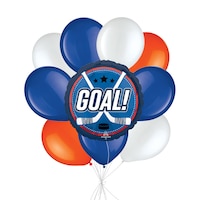 "Goal!" Hockey Sticks Balloon Bouquet with Latex Balloons, White/Orange/Royal Blue, 10-pk, Helium Inflation & Ribbon Included