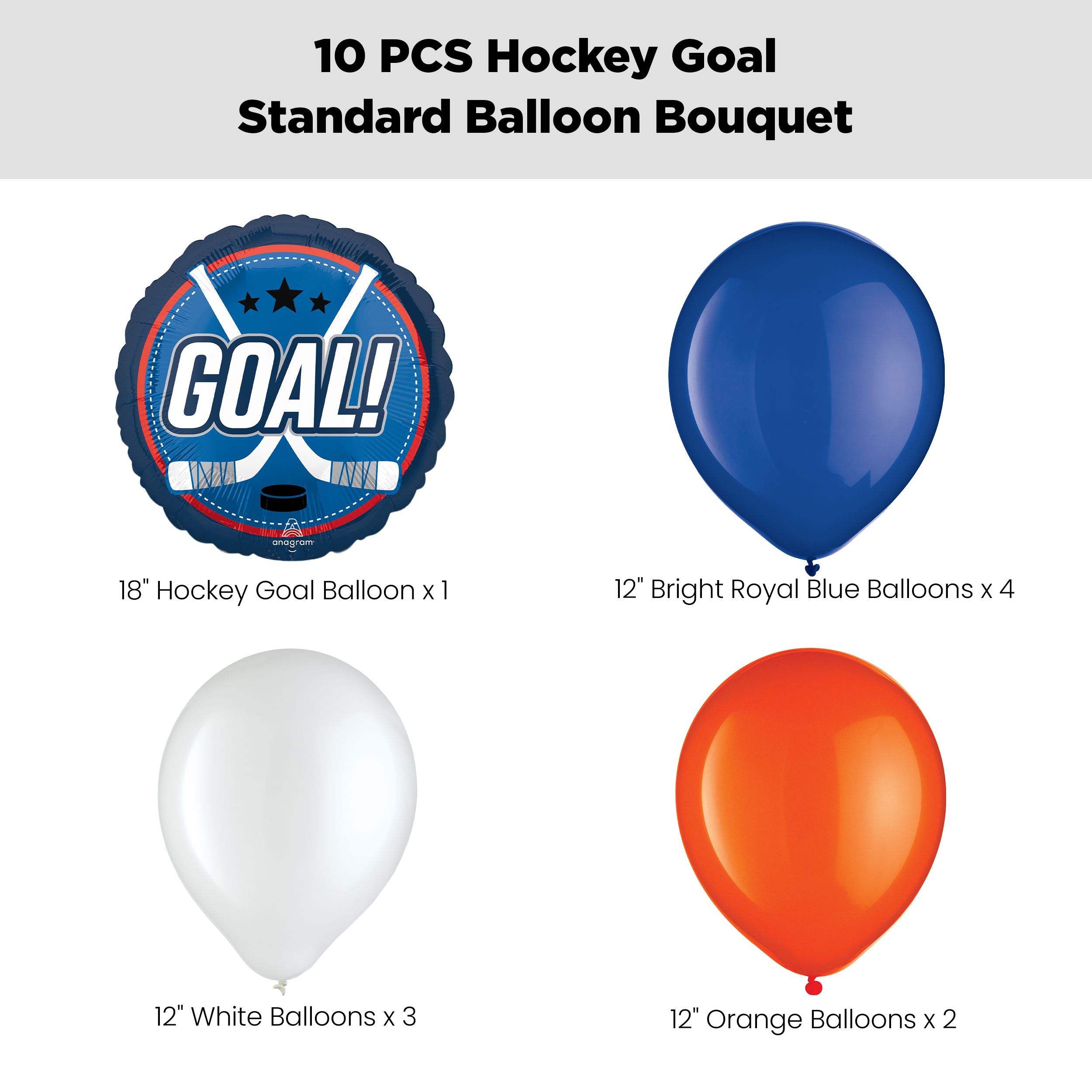 "Goal!" Hockey Sticks Balloon Bouquet with Latex Balloons, White/Orange/Royal Blue, 10-pk, Helium Inflation & Ribbon Included Front_Flat
