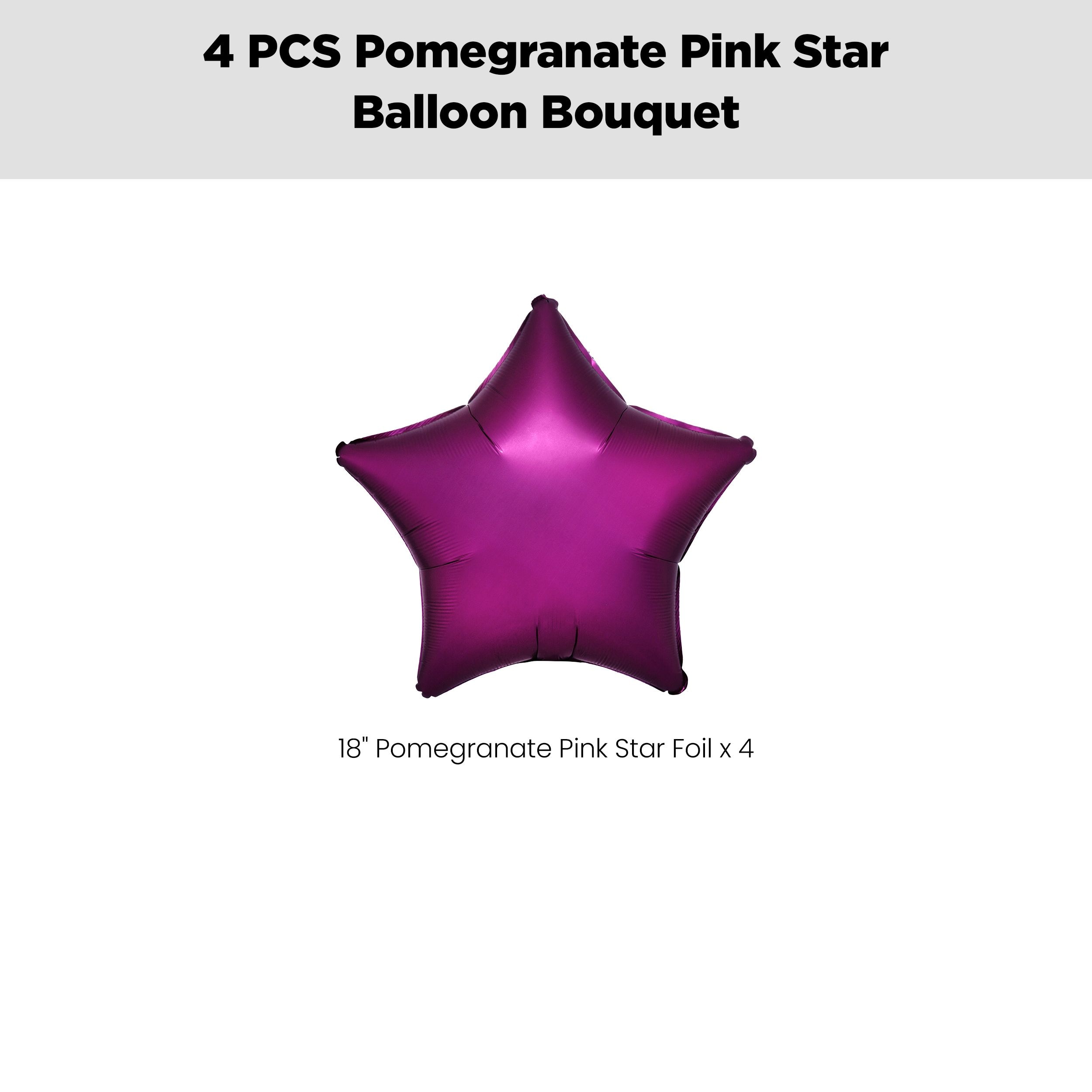 Star Foil Balloon Bouquet, Pomegranate Pink, 4-pk, Helium Inflation & Ribbon Included for Birthday/Special Occasion Front_Flat
