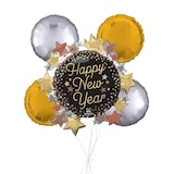 "Happy New Year" Luxe Stars Supershape Balloon Bouquet with Round Foil Balloons, Silver/Gold, 5-pk, Helium Inflation & Ribbon Included Front_Flat