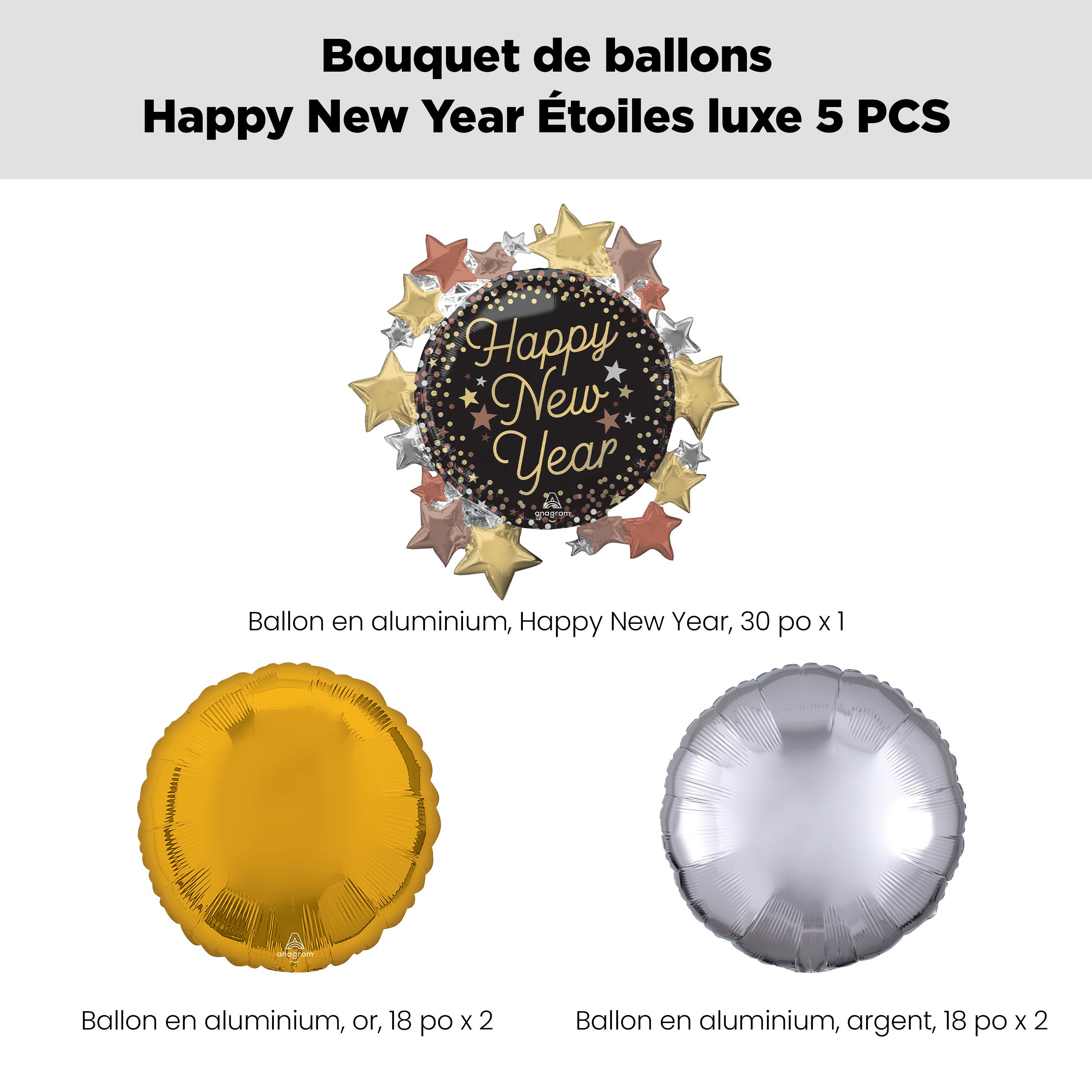 Bouquet de ballons Happy New Year de forme extraordinaire de luxe avec étoiles avec ballons ronds en aluminium, doré/argenté, paq. 5, gonflage à l'hélium et ruban inclus Front_Flat