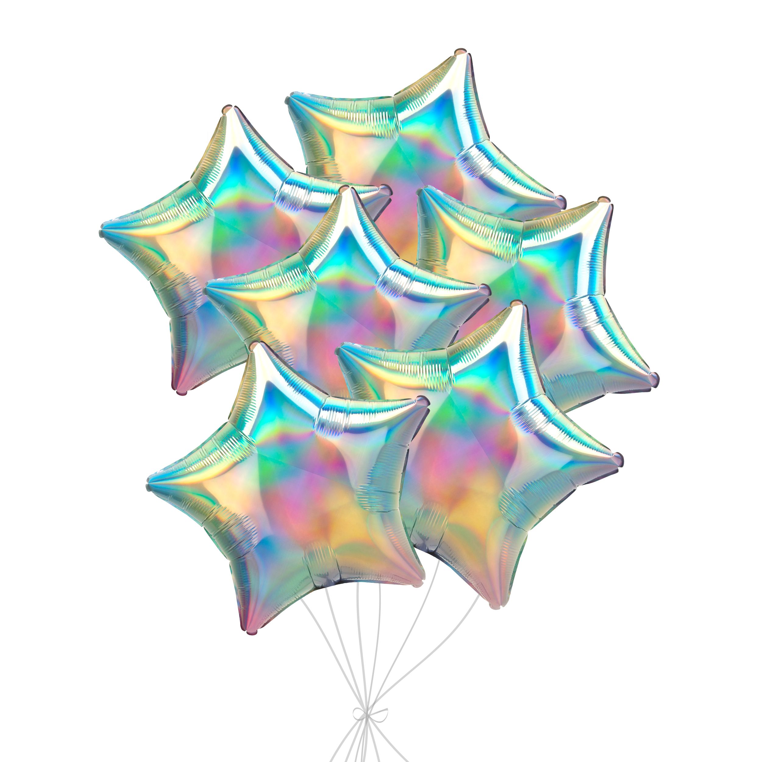 Star Foil Balloon Bouquet, Iridescent Rainbow, 6-pk, Helium Inflation & Ribbon Included for Birthday/Special Occasion Front_Flat