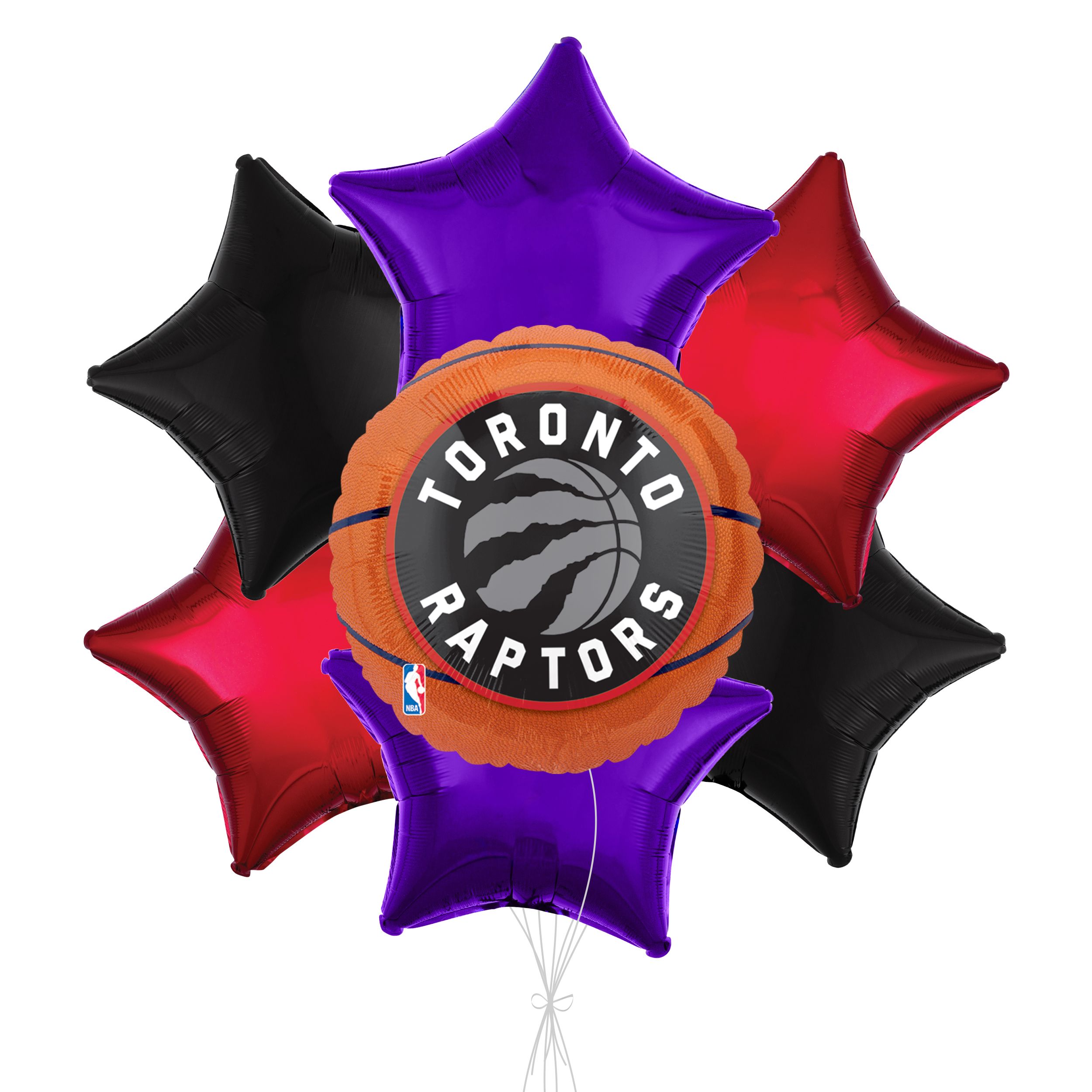 Bouquet de ballons Raptors de Toronto avec ballons étoiles en aluminium, rouge, noir, violet, 7 pce, gonflage à l’hélium et ruban compris Front_Flat