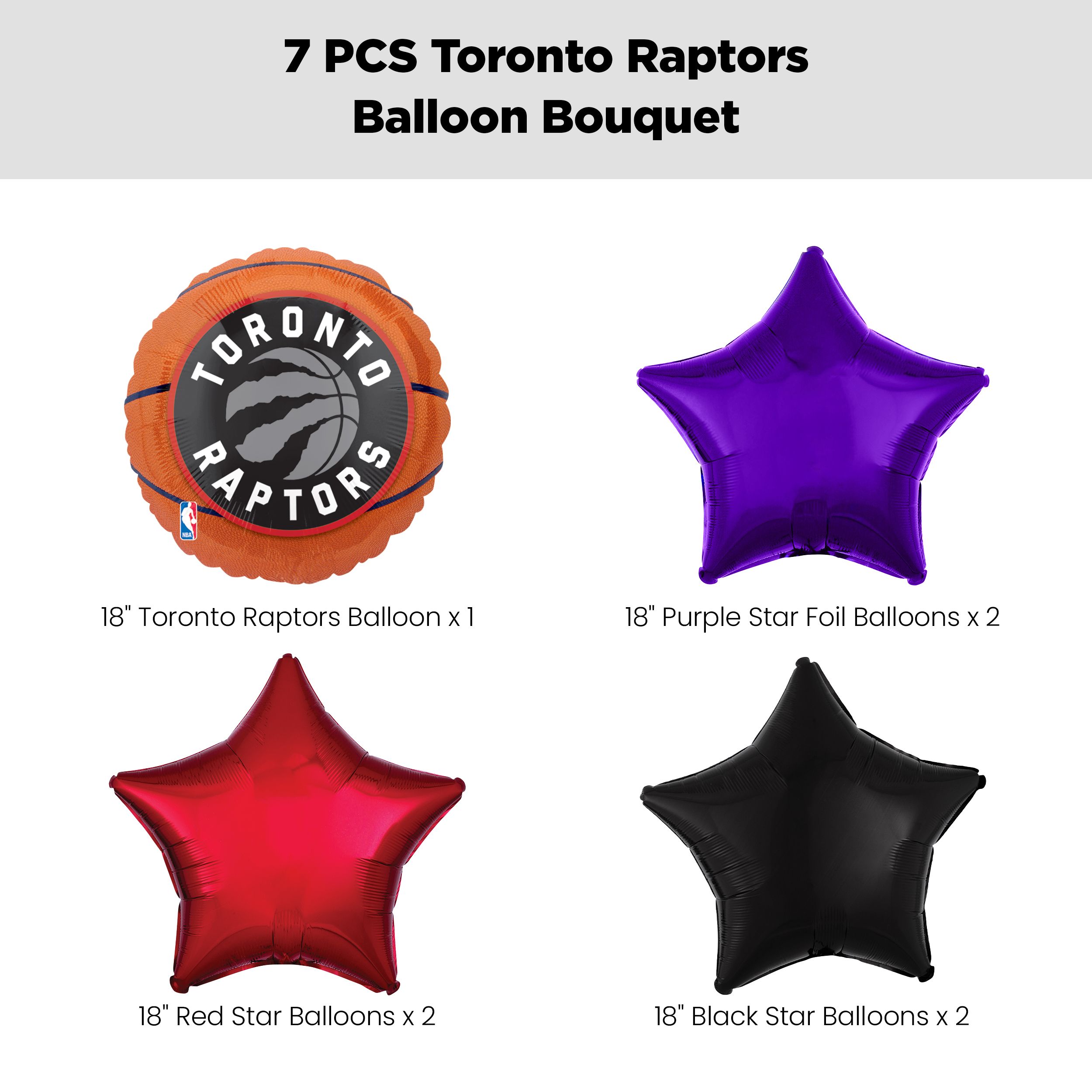 "Toronto Raptors" Balloon Bouquet with Star Foil Balloons, Red/Black/Purple, 7-pk, Helium Inflation & Ribbon Included Front_Flat