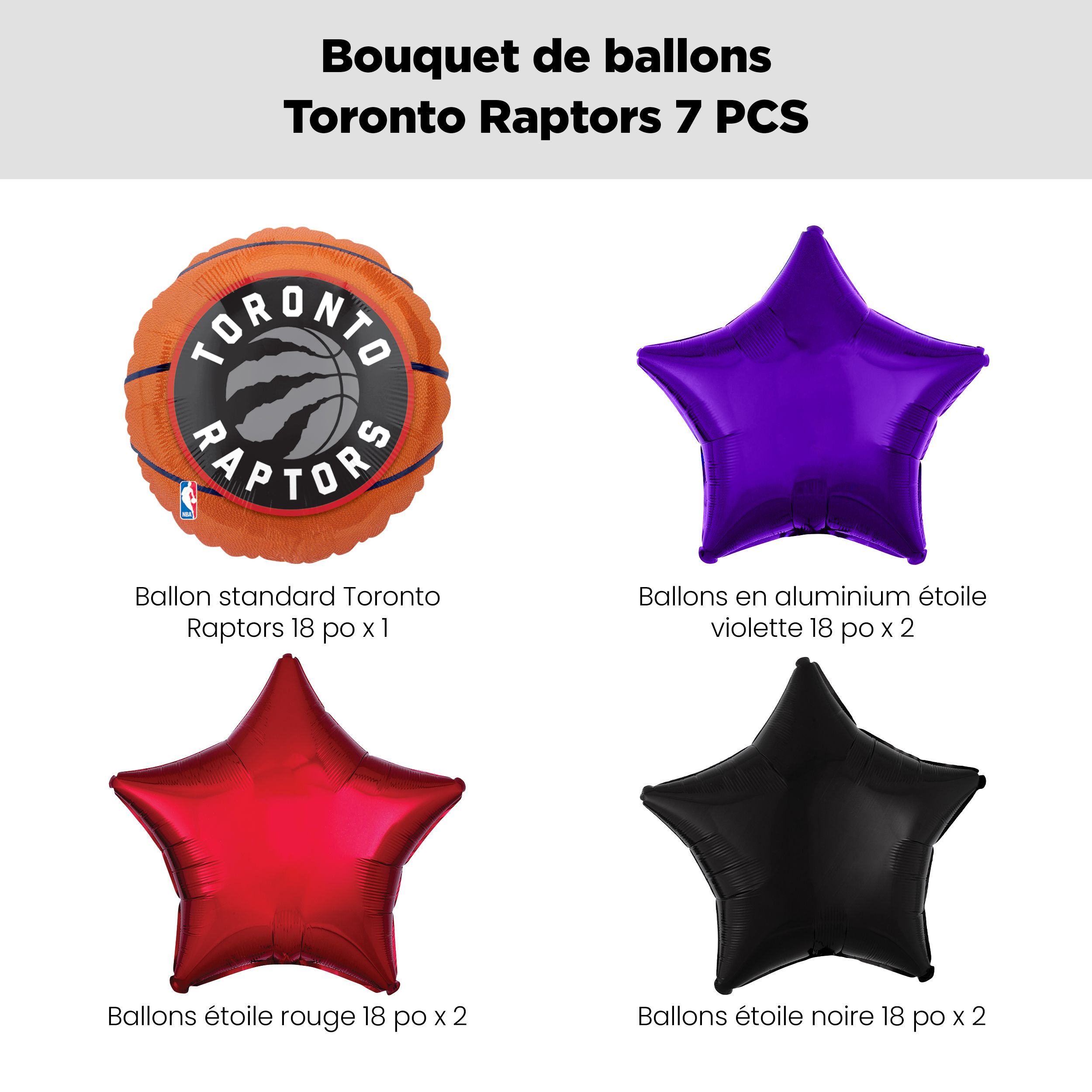 Bouquet de ballons Raptors de Toronto avec ballons étoiles en aluminium, rouge, noir, violet, 7 pce, gonflage à l’hélium et ruban compris Front_Flat