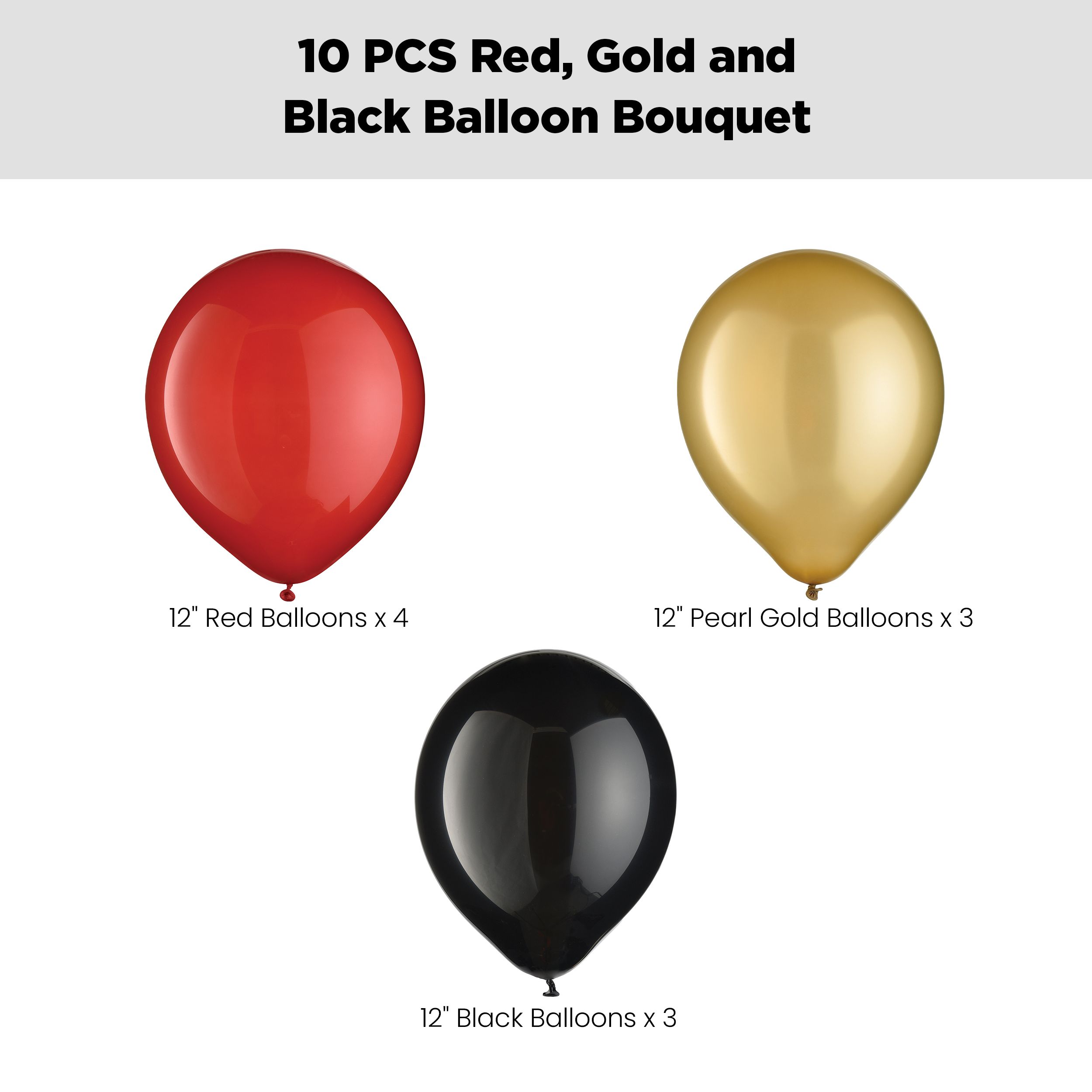 Round Latex Balloon Bouquet, Red/Gold/Black, 10-pk, Helium Inflation & Ribbon Included Front_Flat