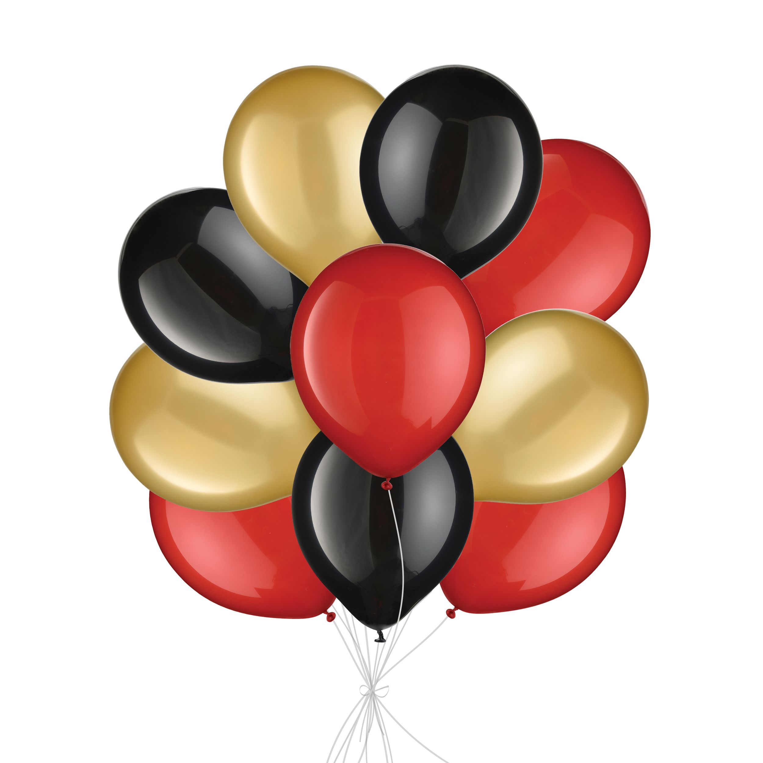 Bouquet de ballons ronds en latex, rouge, or et noir, 10 pce, gonflage à l’hélium et ruban compris Front_Flat