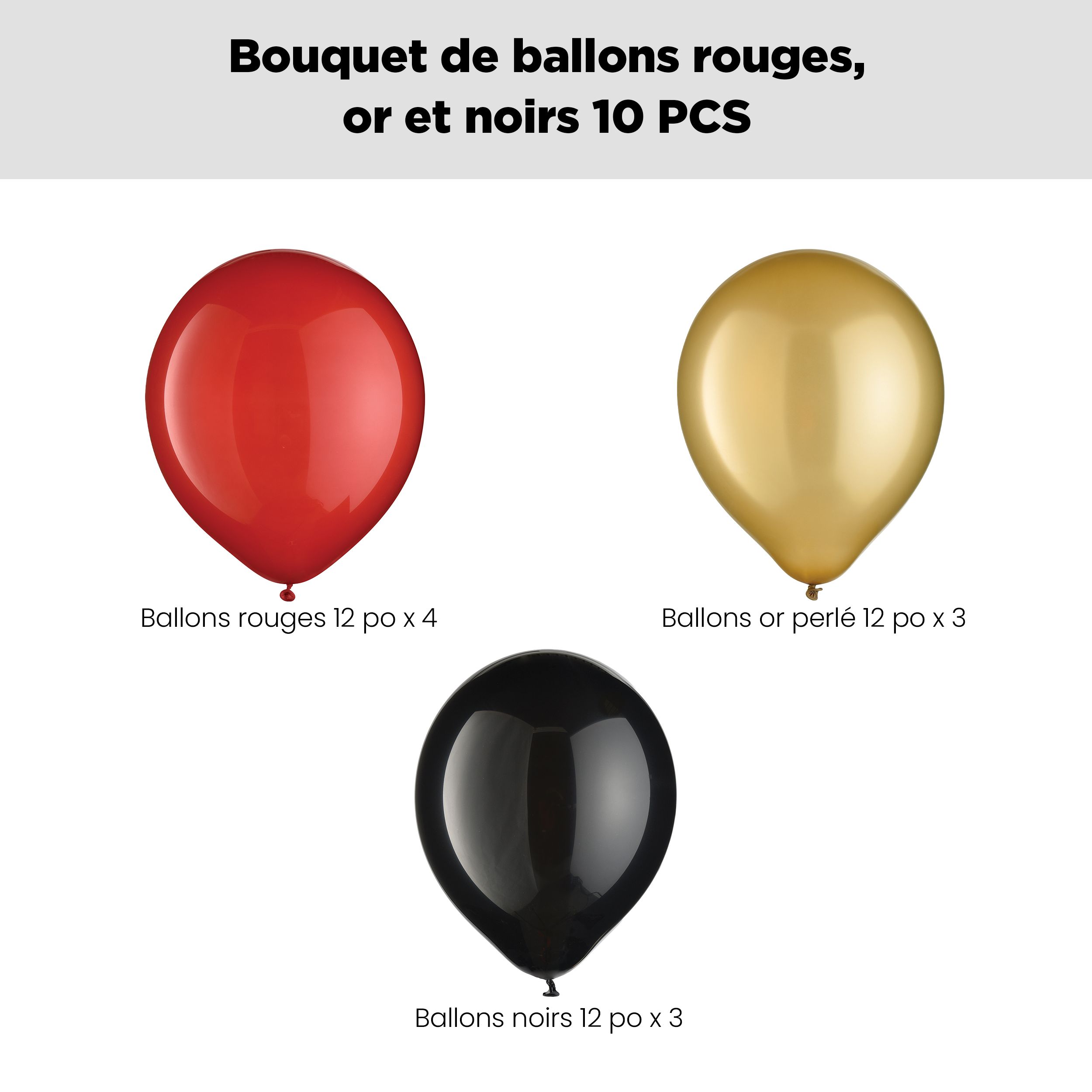 Bouquet de ballons ronds en latex, rouge, or et noir, 10 pce, gonflage à l’hélium et ruban compris Front_Flat