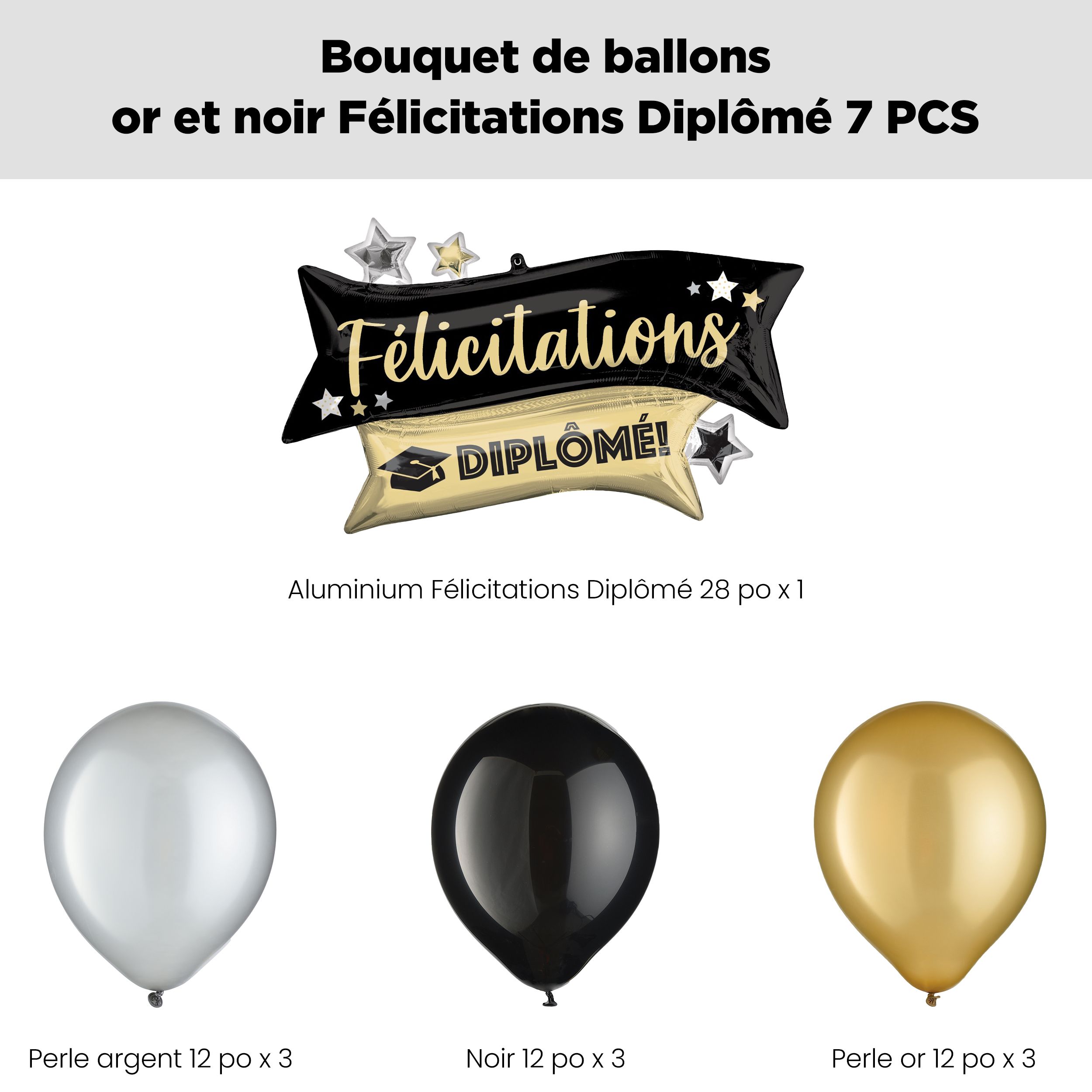 Bouquet de ballons scintillants «&nbsp;Félicitations Diplôme!&nbsp;» «&nbsp;Congrats Grad!&nbsp;» avec ballons en latex noirs, dorés et argentés, paq. 7, gonflage à l’hélium et ruban inclus Front_Flat
