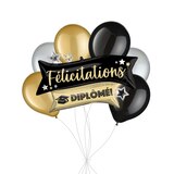 “Félicitations Diplôme!” French Congratulations Grad! Supershape Balloon Bouquet with Latex Balloons, Black/Gold/Silver, 7-pk, Helium Inflation & Ribbon Included Front_Flat