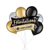 Bouquet de ballons scintillants « Félicitations Diplôme! » « Congrats Grad! » avec ballons en latex noirs, dorés et argentés, paq. 7, gonflage à l¿hélium et ruban inclus