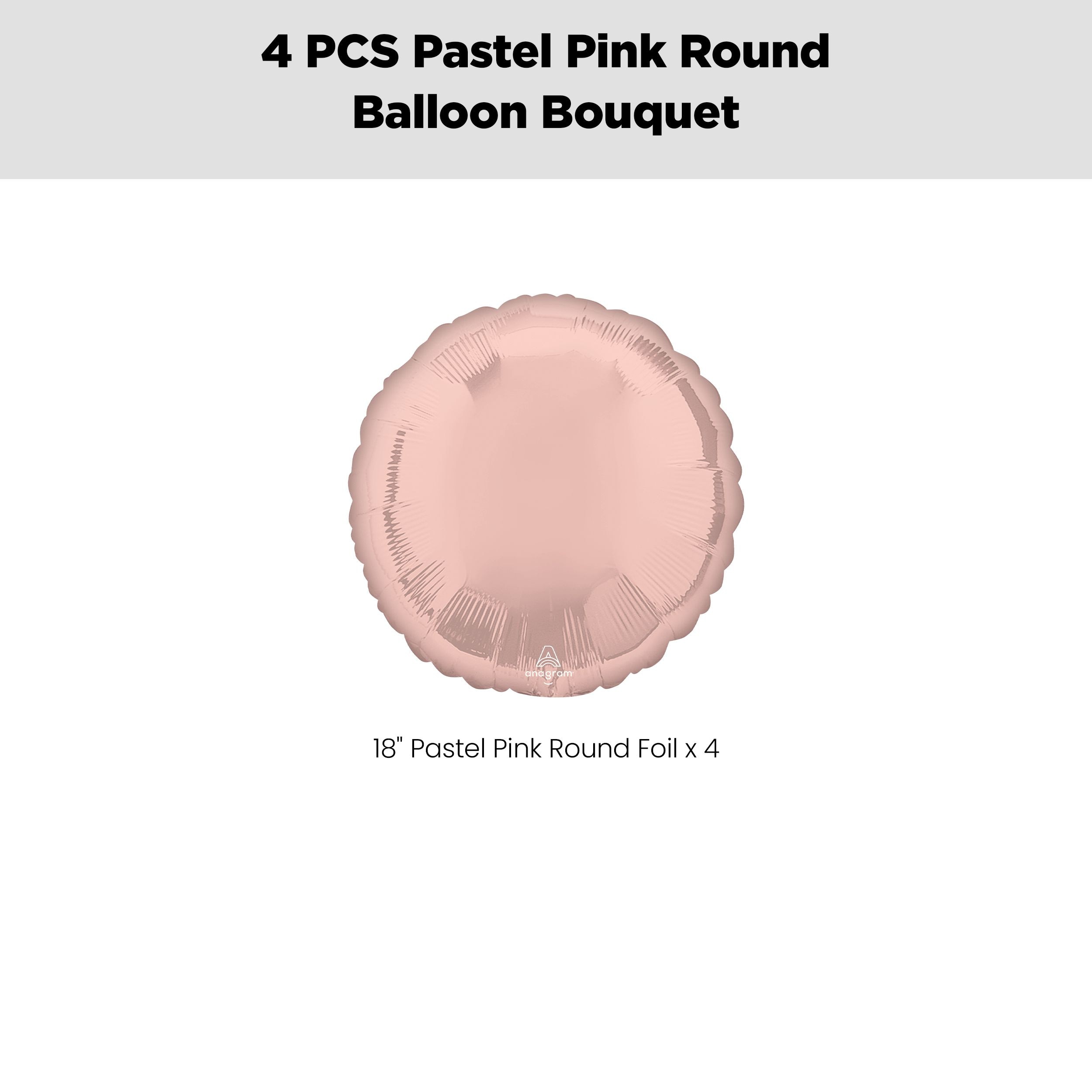 Round Foil Balloon Bouquet, Pastel Pink, 4-pk, Helium Inflation & Ribbon Included for Birthday/Special Occasion Front_Flat