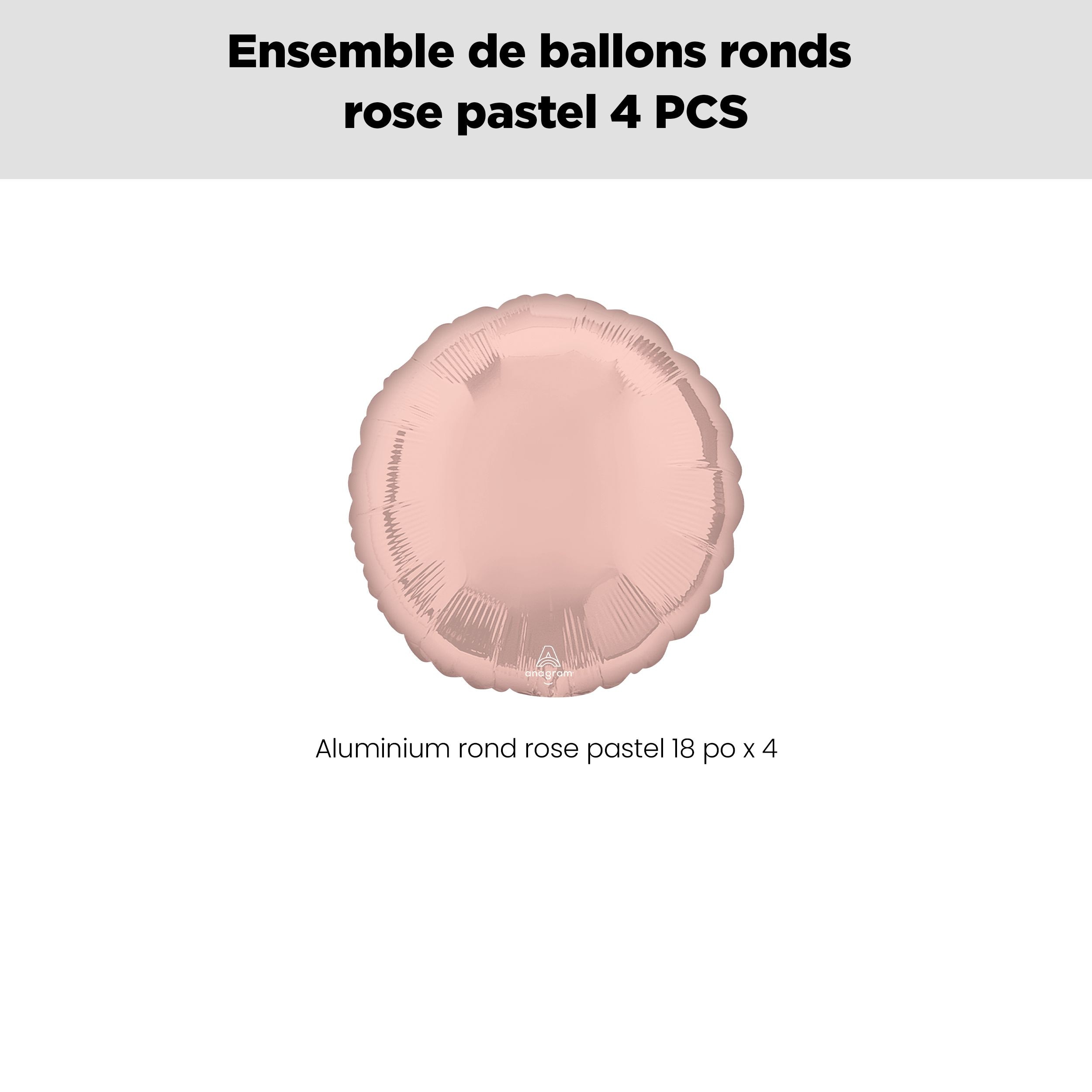 Bouquet de ballons en aluminium de forme ronde, rose pastel, paq.&nbsp;4, gonflage à l'hélium et ruban inclus pour anniversaire/occasion spéciale Front_Flat