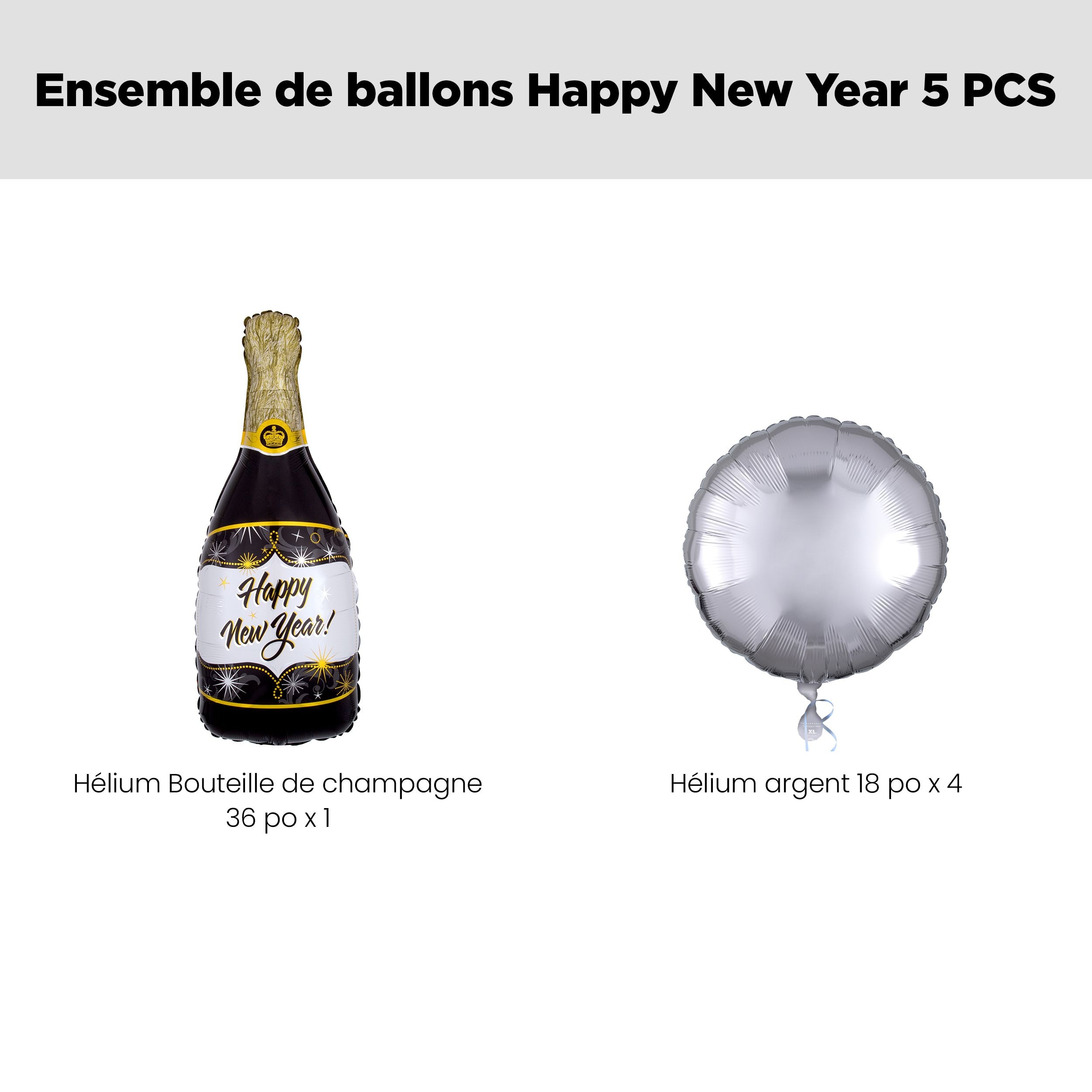 Bouquet de ballons géants métalliques satinés bouteille de champagne Happy New Year avec ballons métalliques ronds, doré/noir/argenté, paq. 5, gonflage à l’hélium et ruban inclus Front_Flat