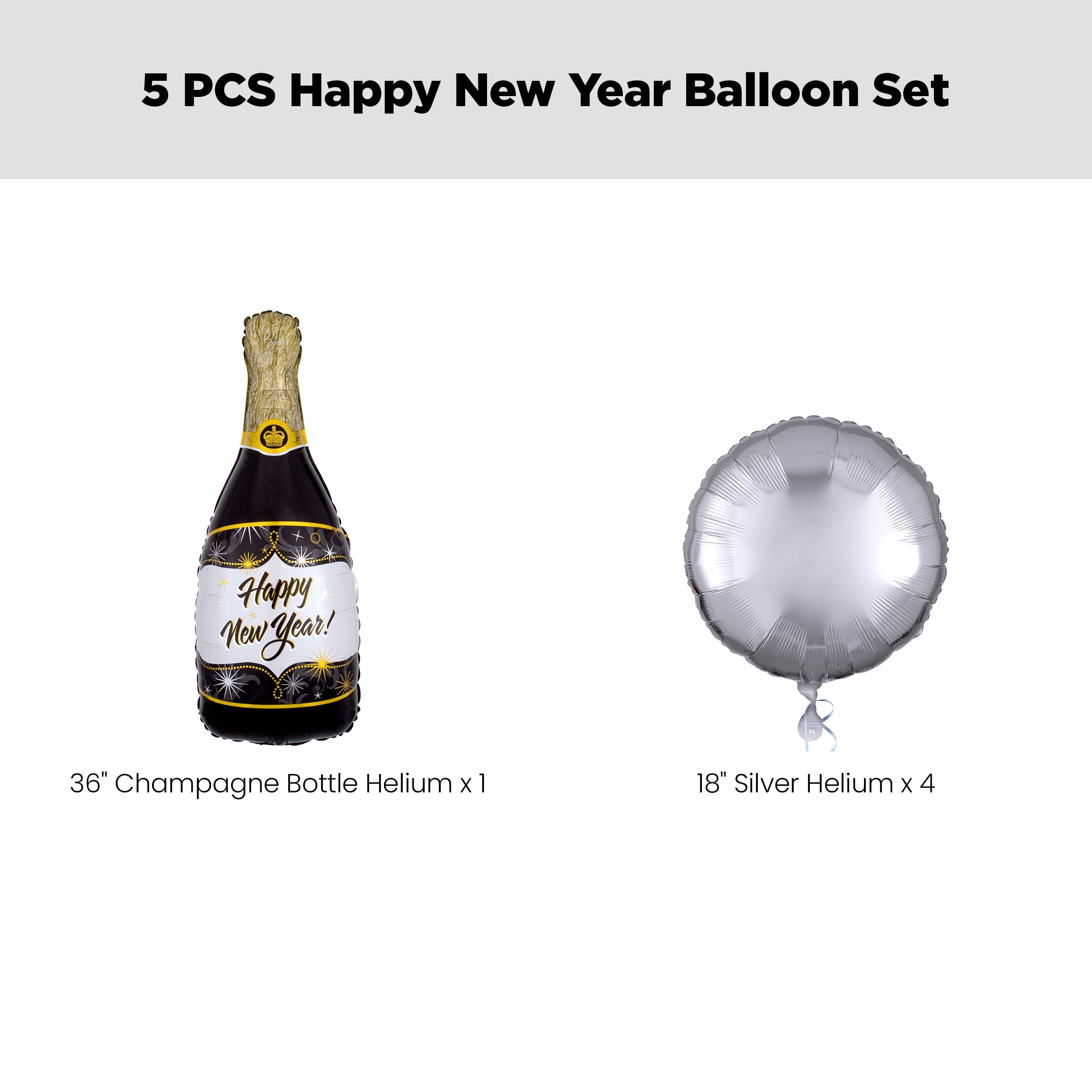 "Happy New Year" Champagne Bottle Satin Foil Supershape Balloon Bouquet with Round Foil Balloons, Gold/Black/Silver, 5-pk, Helium Inflation & Ribbon Included Front_Flat