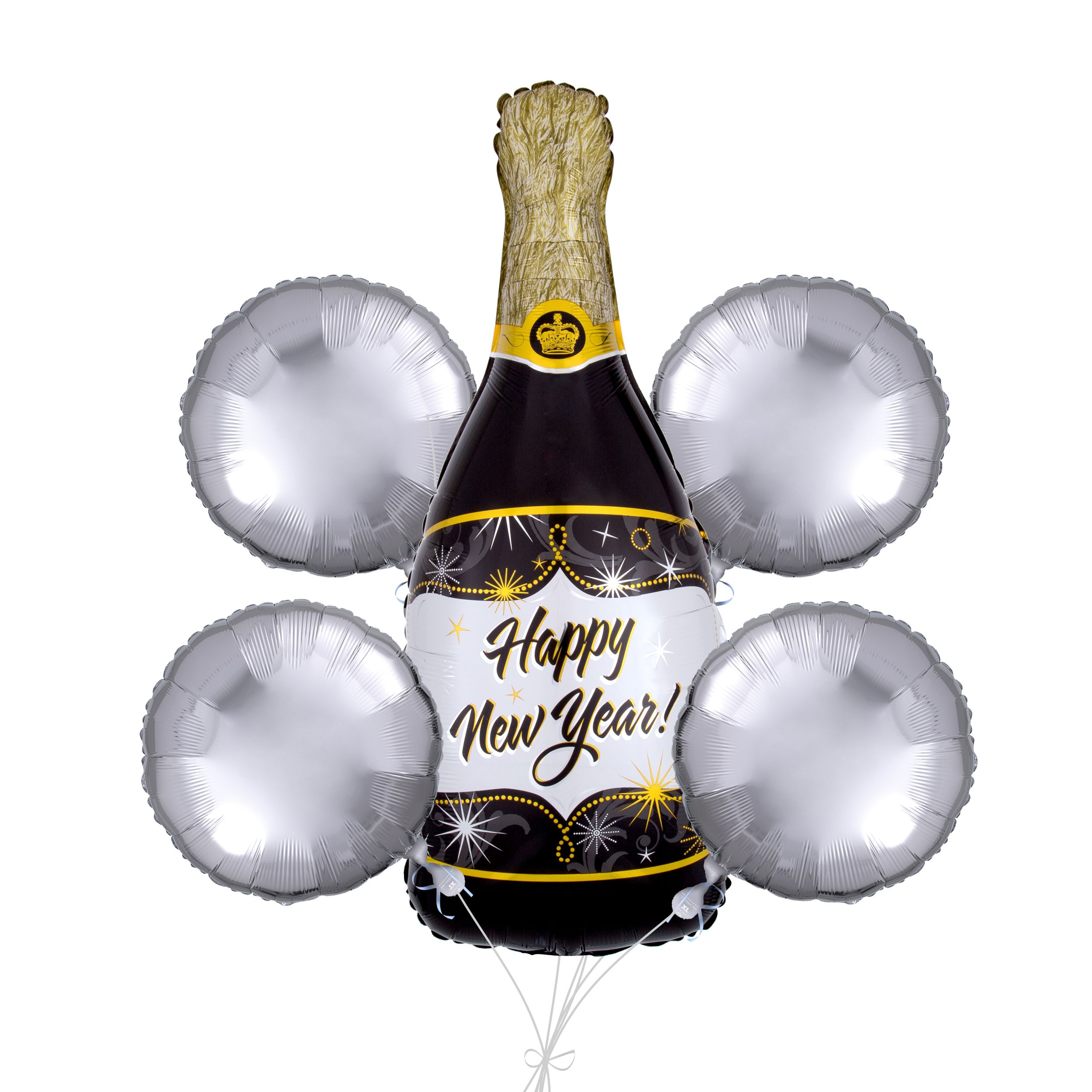 "Happy New Year" Champagne Bottle Satin Foil Supershape Balloon Bouquet with Round Foil Balloons, Gold/Black/Silver, 5-pk, Helium Inflation & Ribbon Included Front_Flat