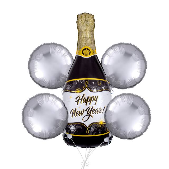 Bouquet de ballons géants métalliques satinés bouteille de champagne Happy New Year avec ballons métalliques ronds, doré/noir/argenté, paq. 5, gonflage à l’hélium et ruban inclus Front_Flat