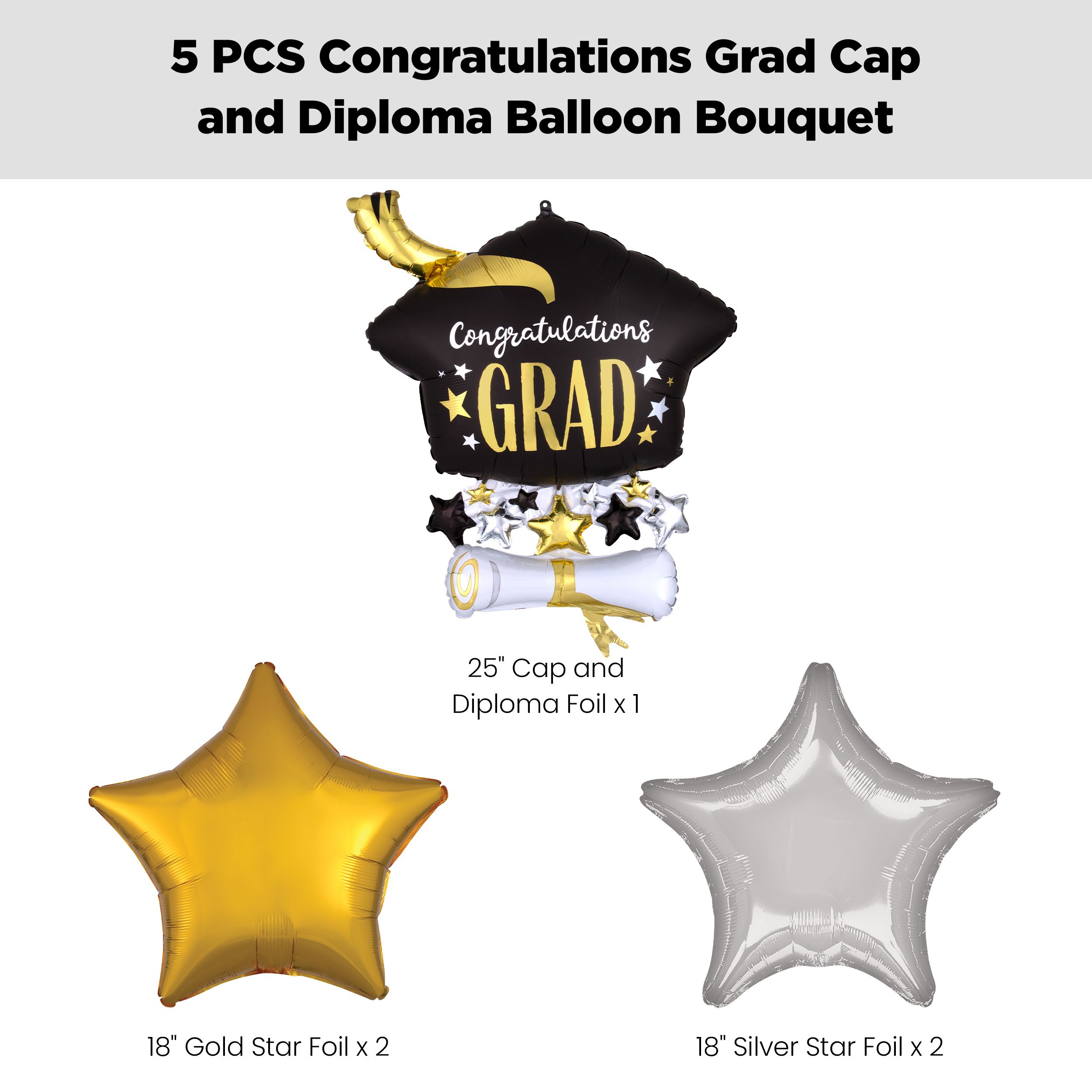“Congratulations Grad” Cap and Diploma Supershape Balloon Bouquet with Star Foil Balloons, Gold/Silver, 5-pk, Helium Inflation & Ribbon Included Front_Flat