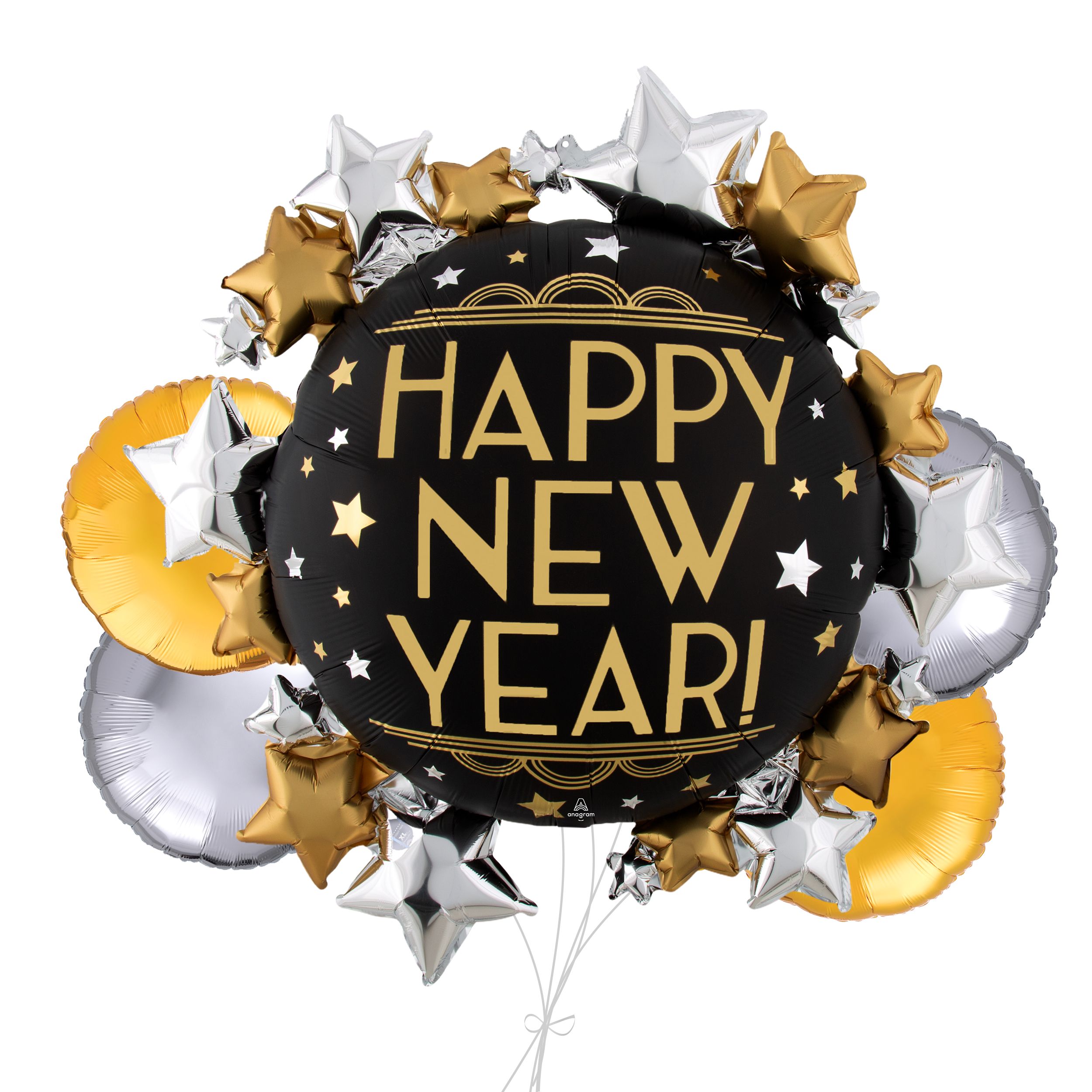 Bouquet de ballons géants métalliques ronds et étoilés Happy New Year avec ballons métalliques ronds, doré/argenté, paq. 5, gonflage à l’hélium et ruban inclus Front_Elevated