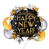 "Happy New Year" Round & Stars Satin Foil Supershape Balloon Bouquet with Round Foil Balloons, Gold/Silver, 5-pk, Helium Inflation & Ribbon Included Front_Elevated