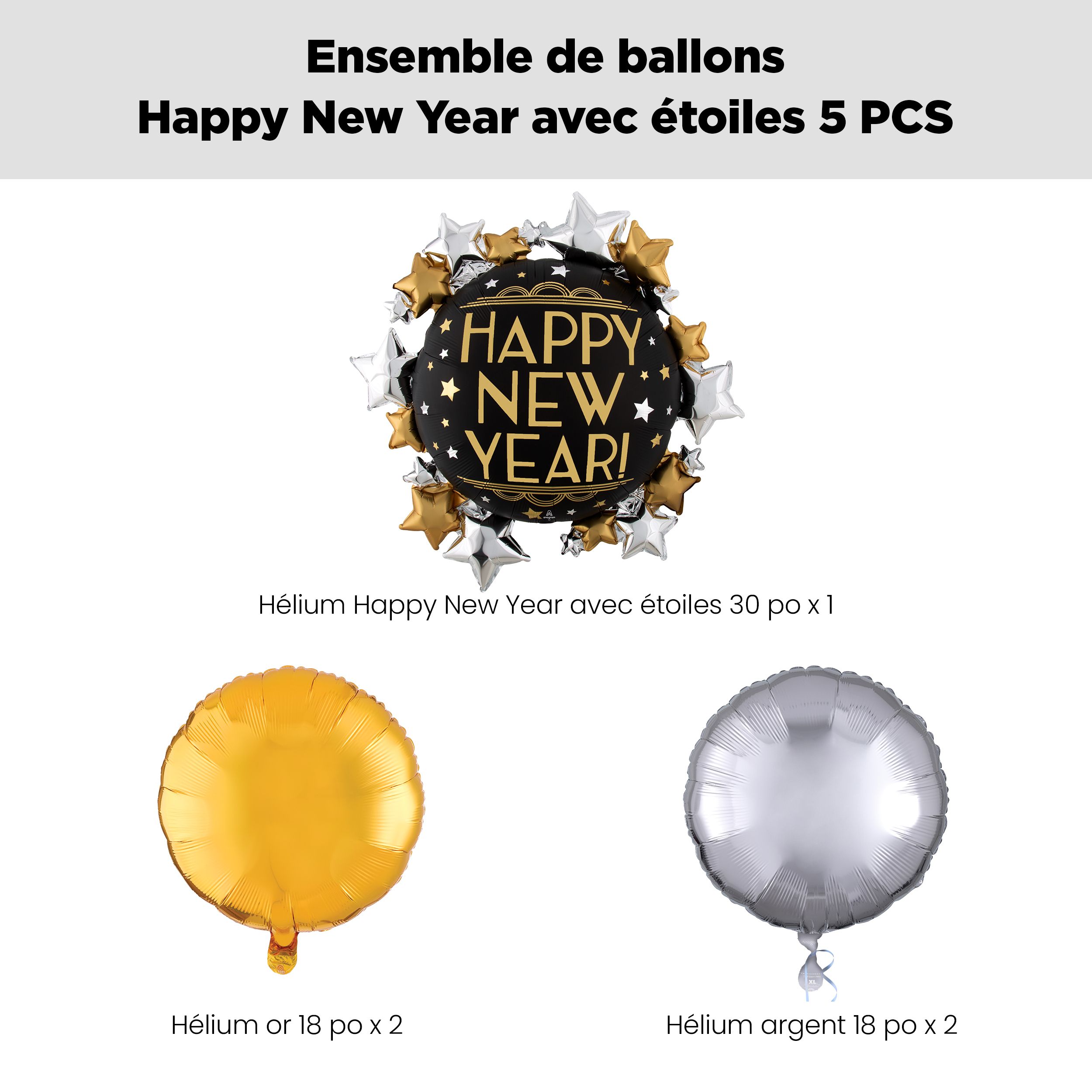 Bouquet de ballons géants métalliques ronds et étoilés Happy New Year avec ballons métalliques ronds, doré/argenté, paq. 5, gonflage à l’hélium et ruban inclus Front_Flat