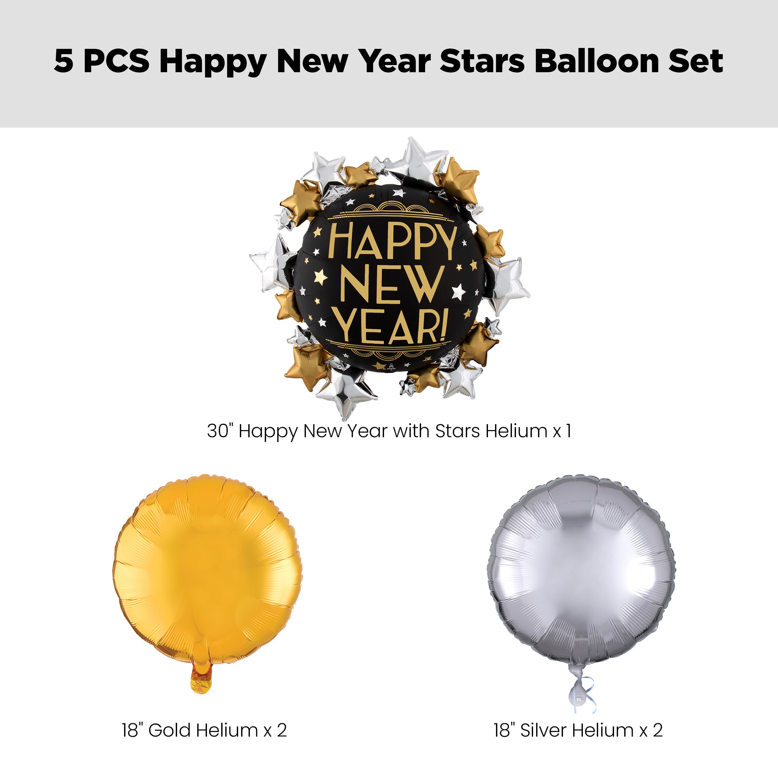 "Happy New Year" Round & Stars Satin Foil Supershape Balloon Bouquet with Round Foil Balloons, Gold/Silver, 5-pk, Helium Inflation & Ribbon Included Front_Flat