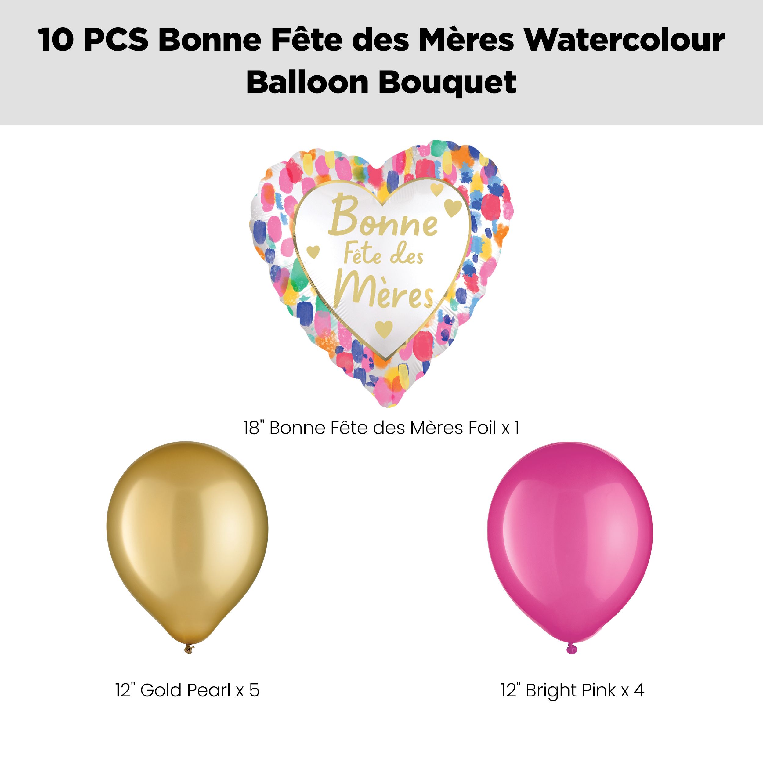 “Bonne Fête des Mères” French Happy Mother's Day Watercolour Balloon Bouquet with Latex Balloons, Pink/Gold,10-pk, Helium Inflation & Ribbon Included Front_Flat