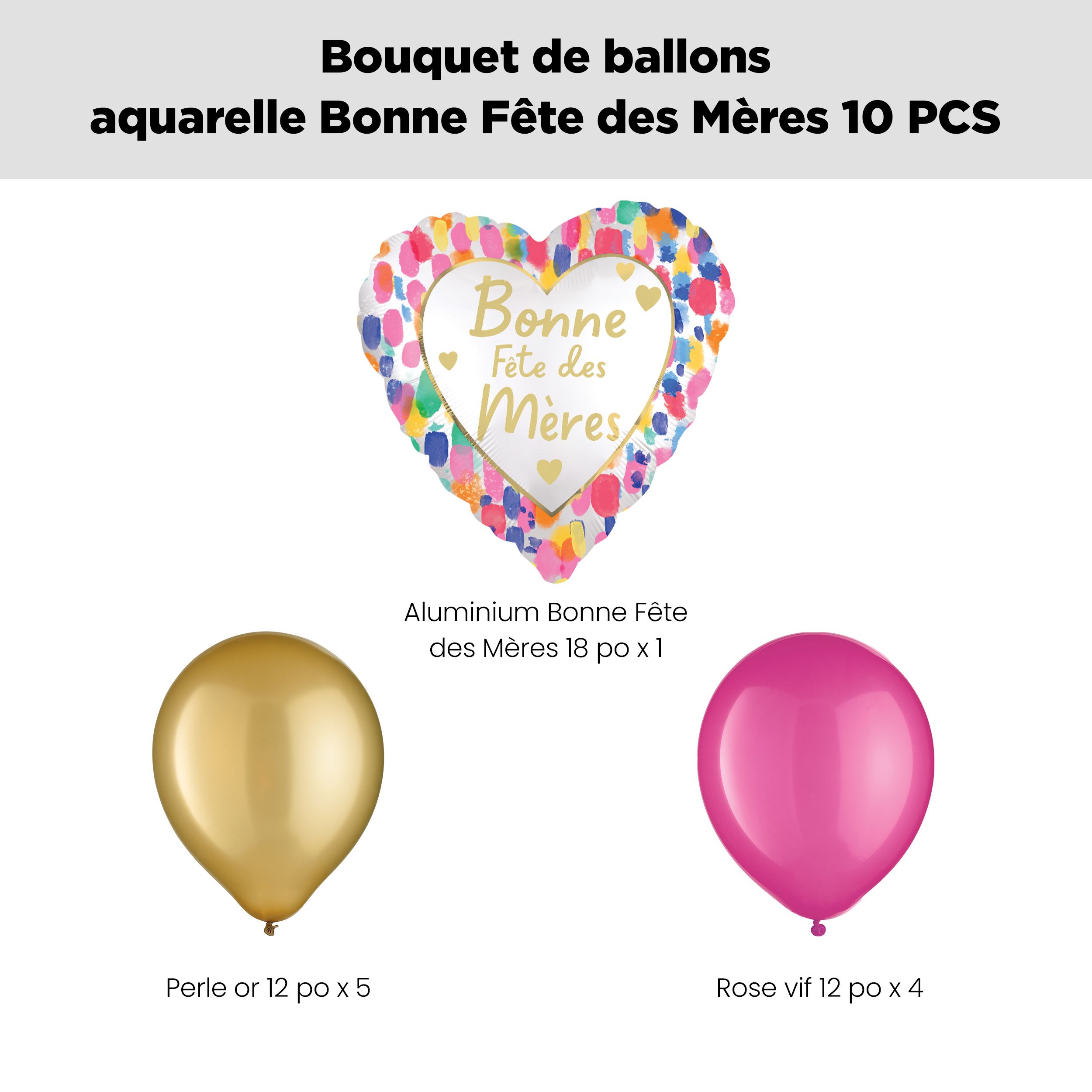 Bouquet de ballons aquarelle français «&nbsp;Bonne Fête des Mères&nbsp;» avec ballons en latex roses et dorés, paq. de 10, gonflage à l’hélium et ruban inclus Front_Flat