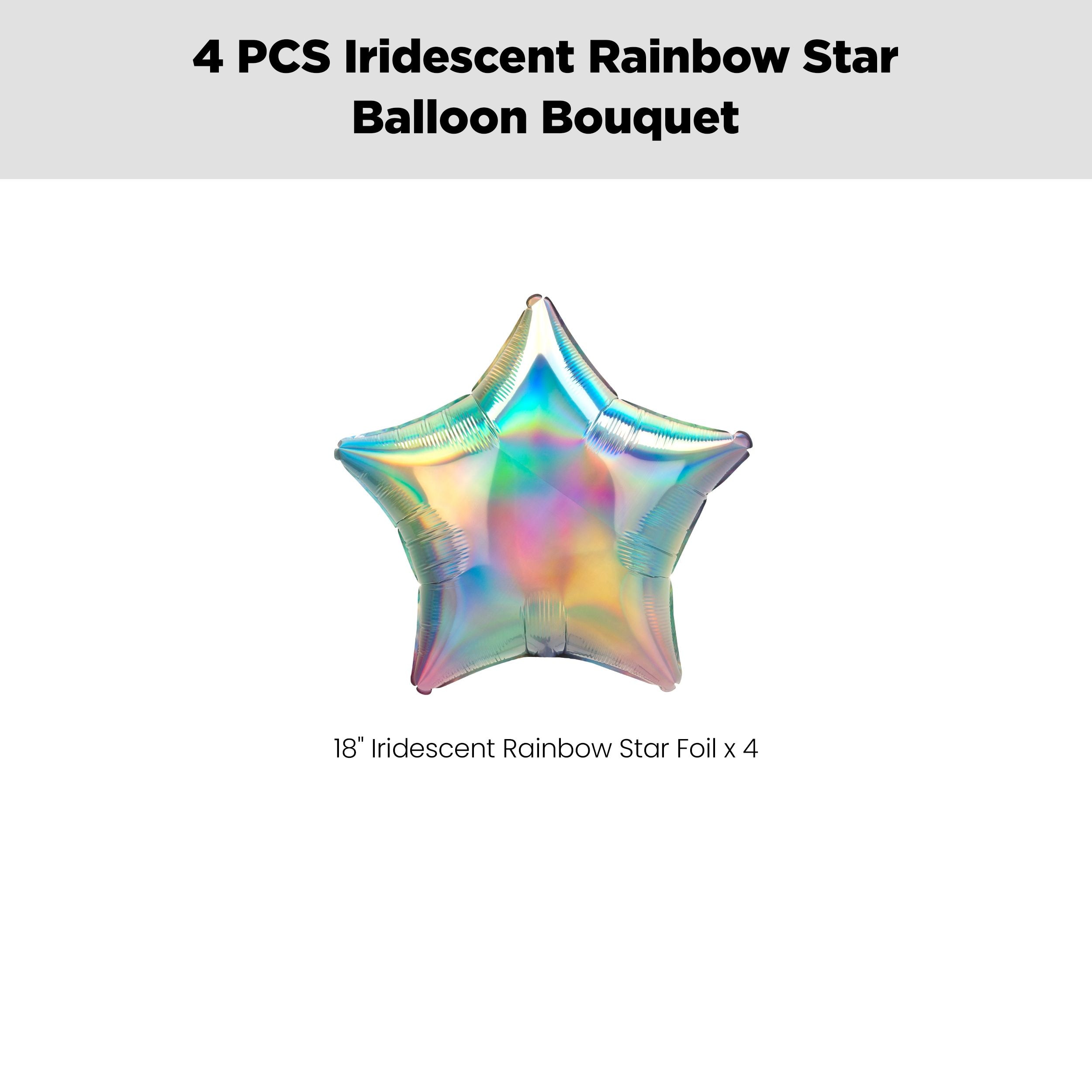 Star Foil Balloon Bouquet, Iridescent Rainbow, 4-pk, Helium Inflation & Ribbon Included for Birthday/Special Occasion Front_Flat