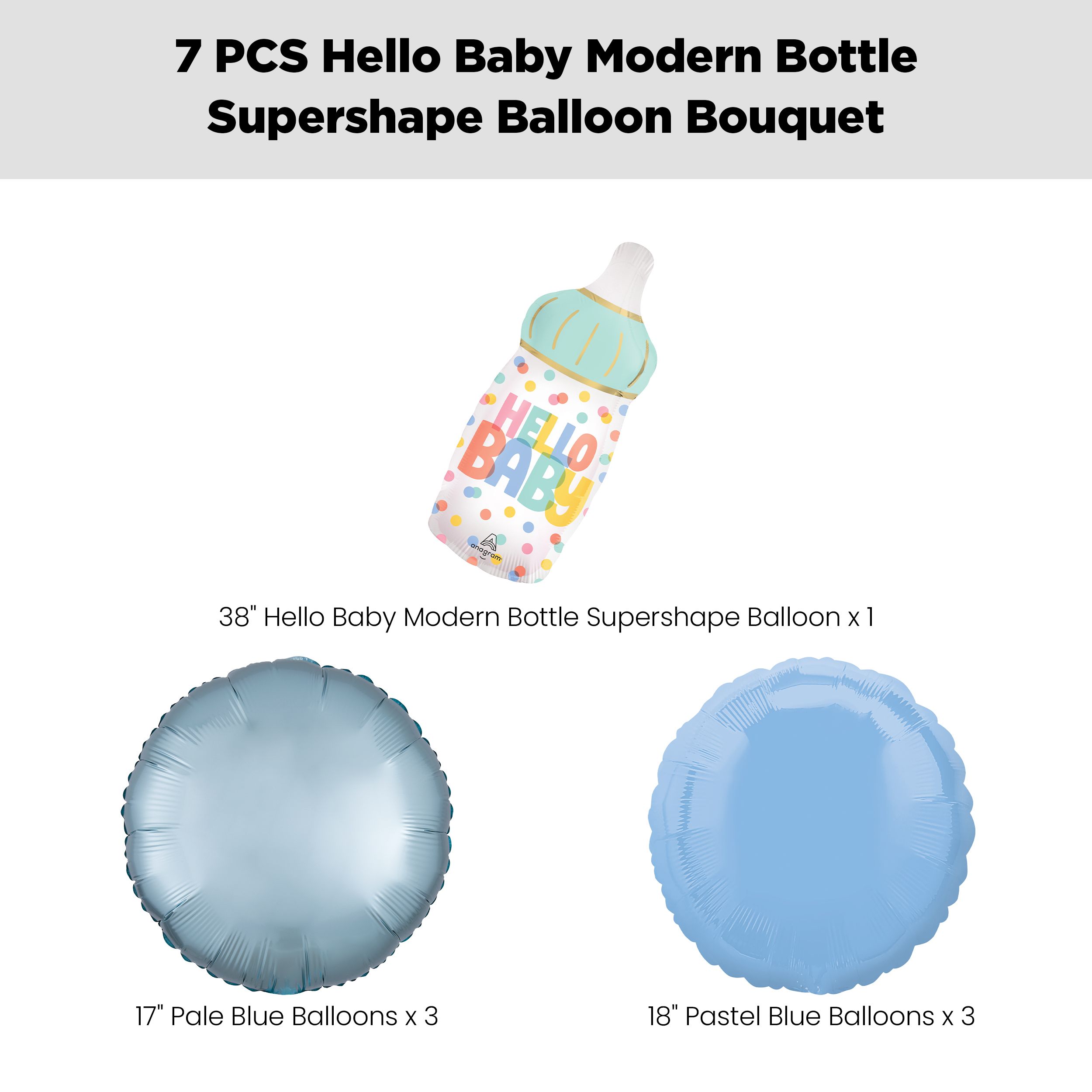 "Hello Baby" Newborn Bottle Supershape Balloon Bouquet with Round Foil Balloons, Blue/Pastel Blue, 7-pk, Helium Inflation & Ribbon Included Front_Flat