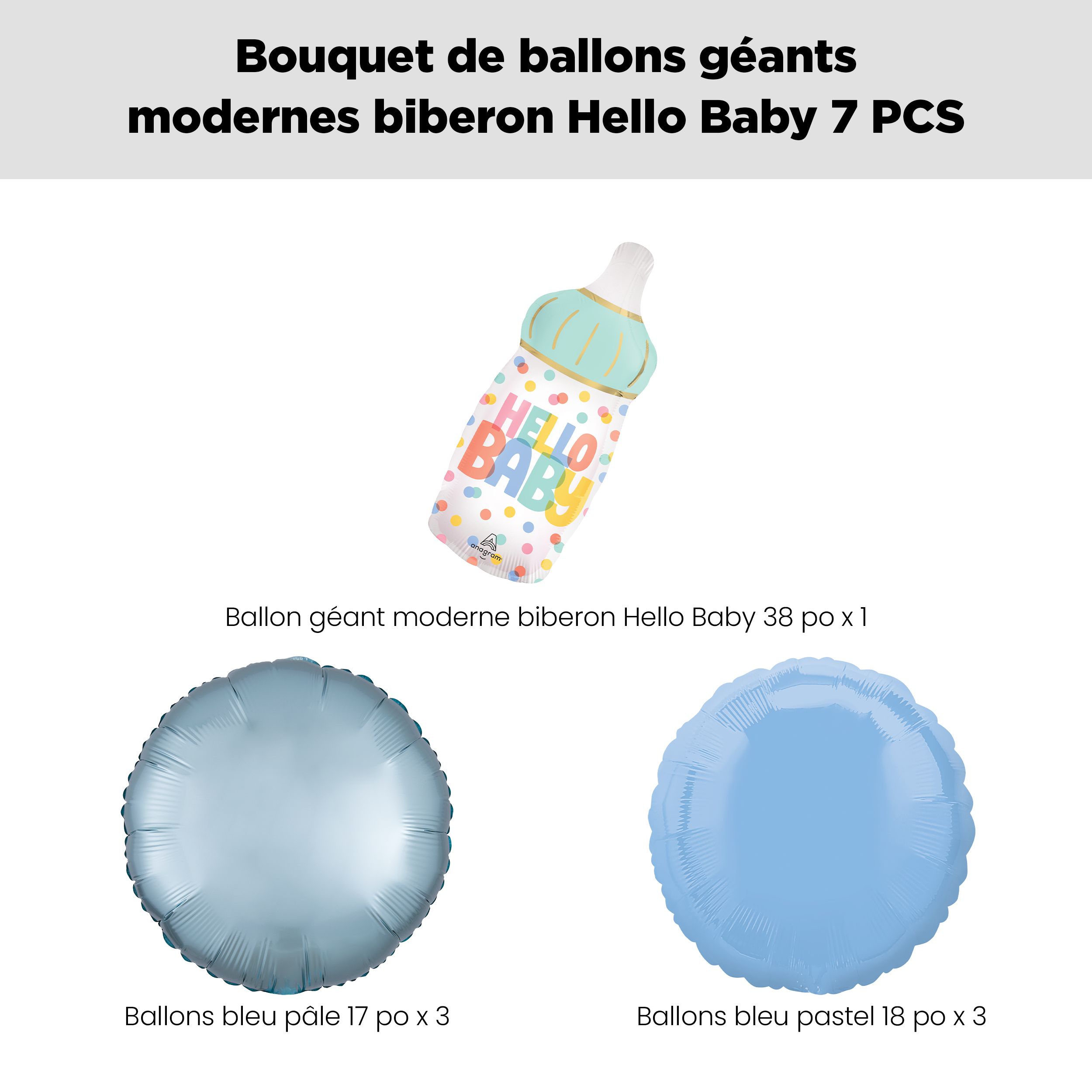 Bouquet de ballons avec ballon Supershape « Hello Baby » en forme de biberon et ballons ronds en aluminium, bleu, bleu pastel, paq. 7, gonflage à l’hélium et ruban compris Front_Flat