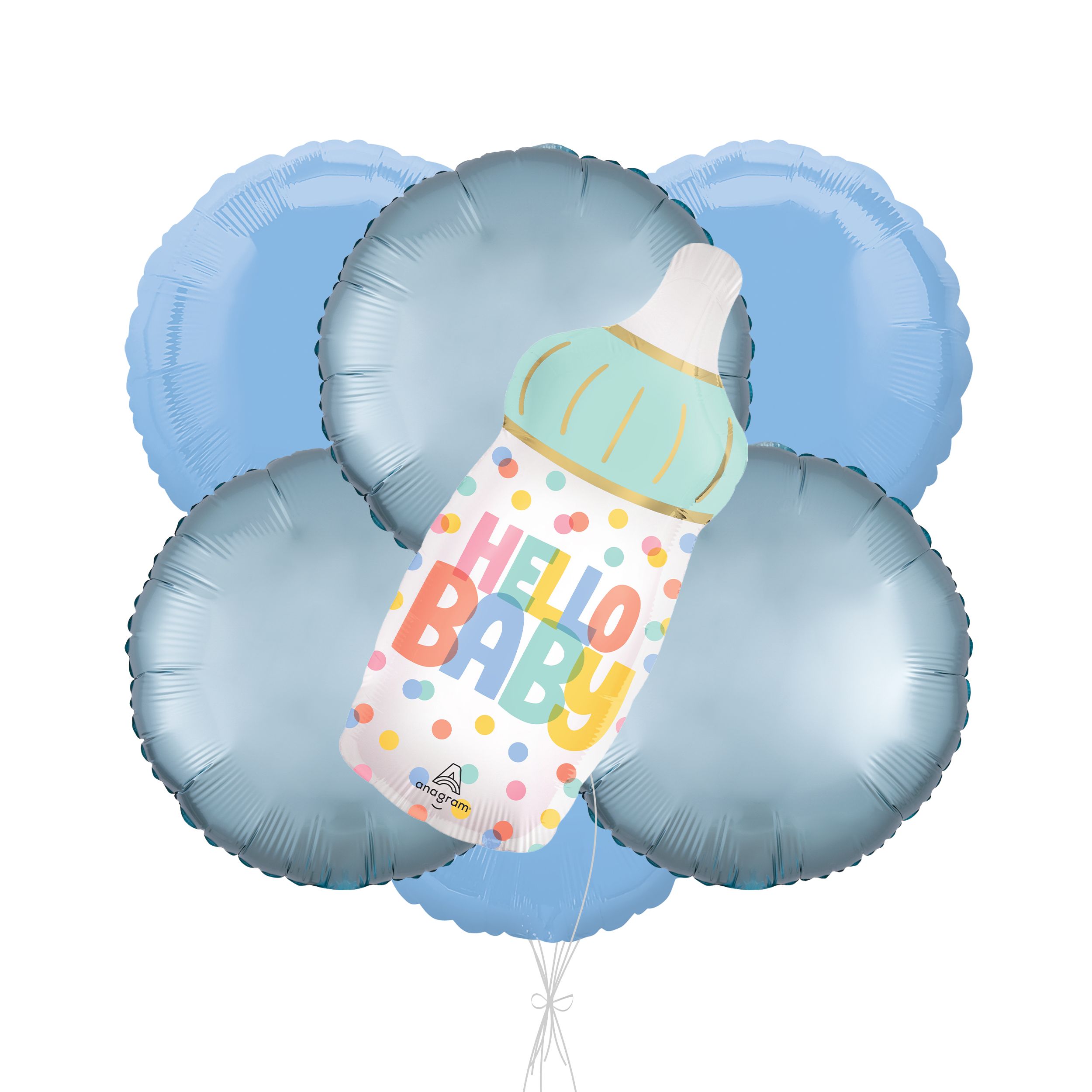 "Hello Baby" Newborn Bottle Supershape Balloon Bouquet with Round Foil Balloons, Blue/Pastel Blue, 7-pk, Helium Inflation & Ribbon Included Front_Flat