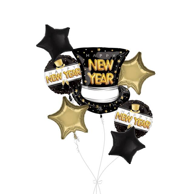 Bouquet de ballons géants métalliques satinés chapeau/étoiles/ronds Happy New Year avec ballons métalliques étoilés, doré/noir, paq. 7, gonflage à l’hélium et ruban inclus Front_Flat