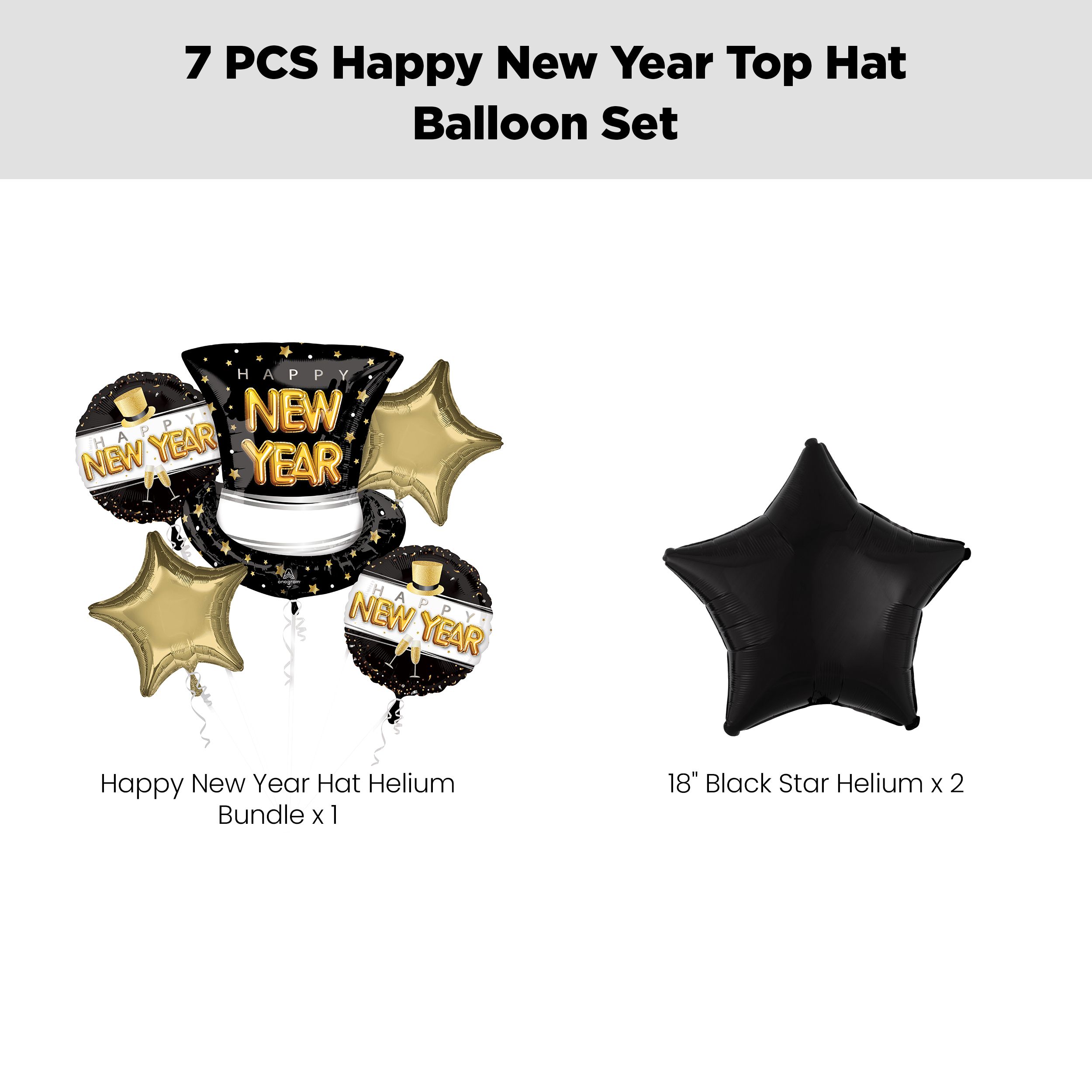"Happy New Year" Top Hat/Star/Round Satin Foil Supershape Balloon Bouquet with Star Foil Balloons, Gold/Black, 7-pk, Helium Inflation & Ribbon Included Front_Flat