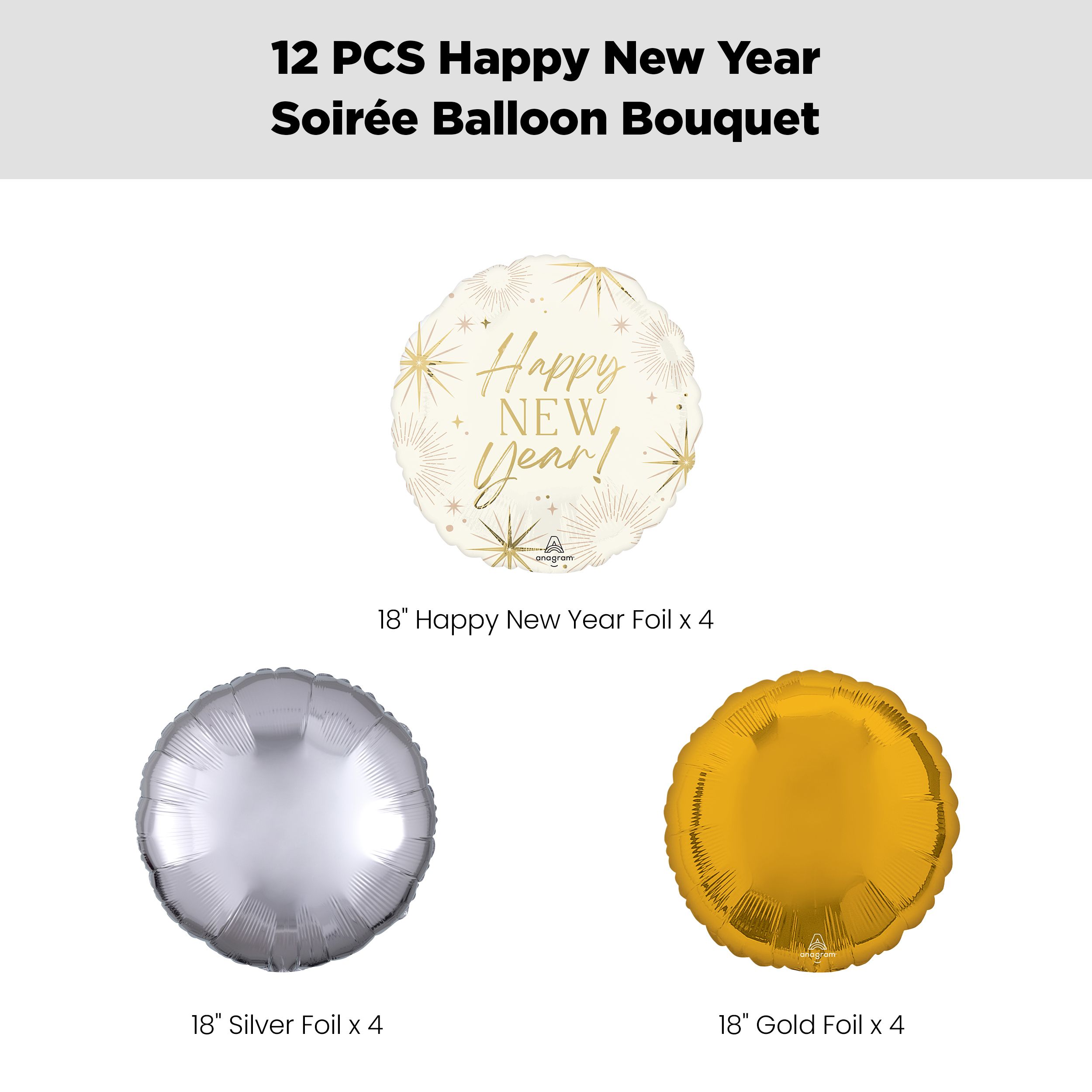 "Happy New Year!" Golden Soiree Balloon Bouquet with Round Foil Balloons, Silver/Gold, 12-pk, Helium Inflation & Ribbon Included Front_Flat